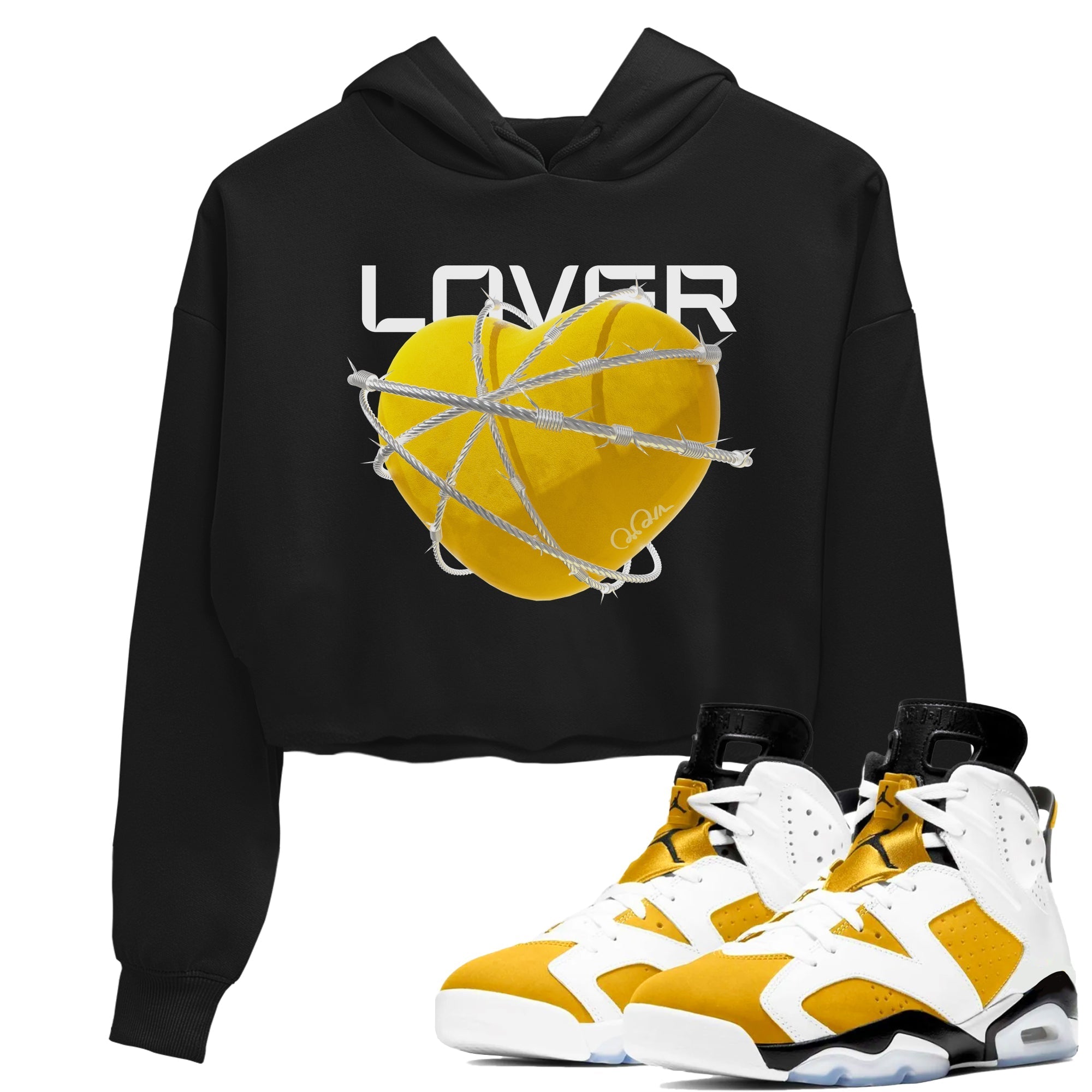 6s Yellow Ochre shirt to match jordans Heart Lover sneaker tees streetwear brand Air Jordan 6 Yellow Ochre Drip Gear Zone Brand Black 1 Crop T-Shirt