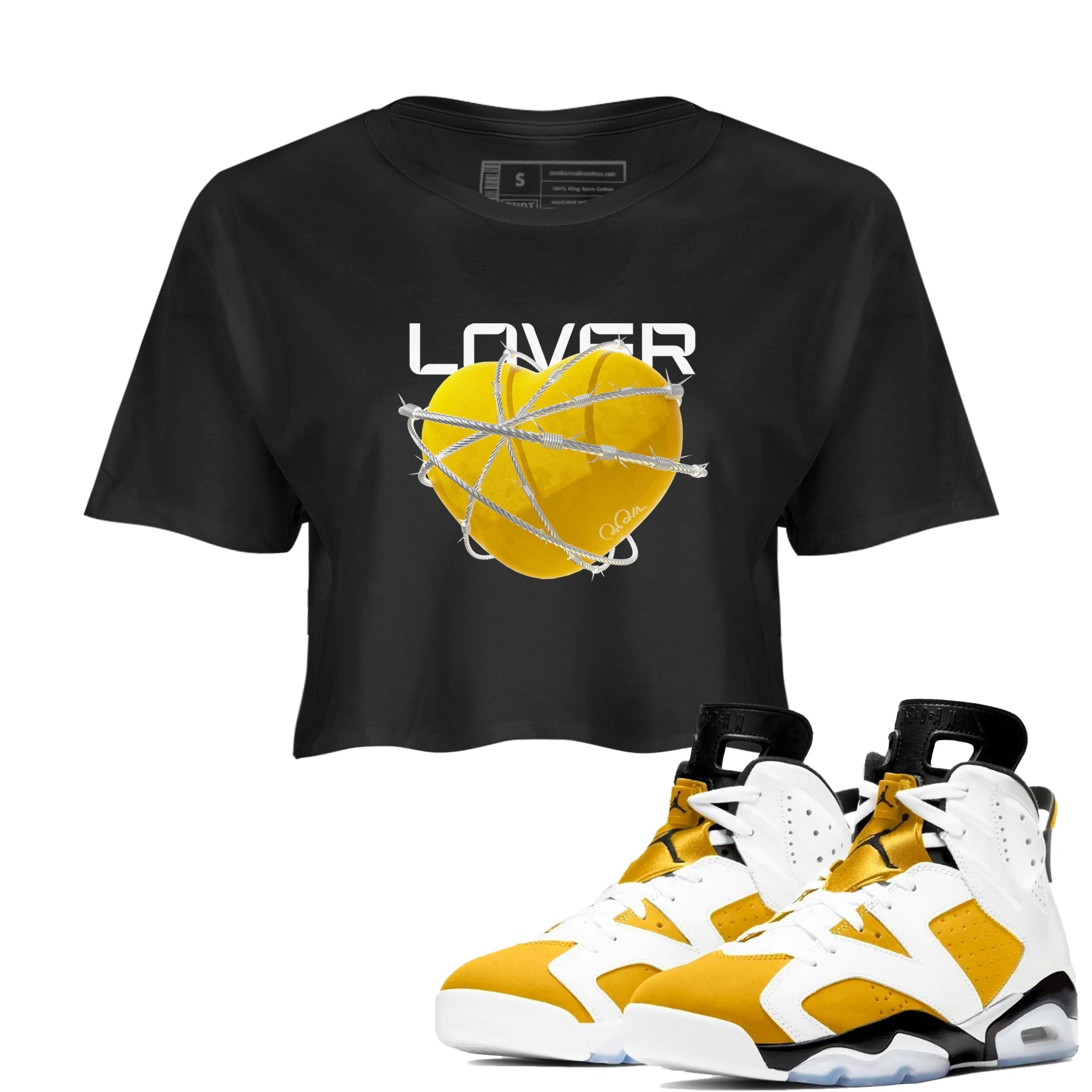 6s Yellow Ochre shirt to match jordans Heart Lover sneaker tees streetwear brand Air Jordan 6 Yellow Ochre Drip Gear Zone Brand Black 1 Crop T-Shirt