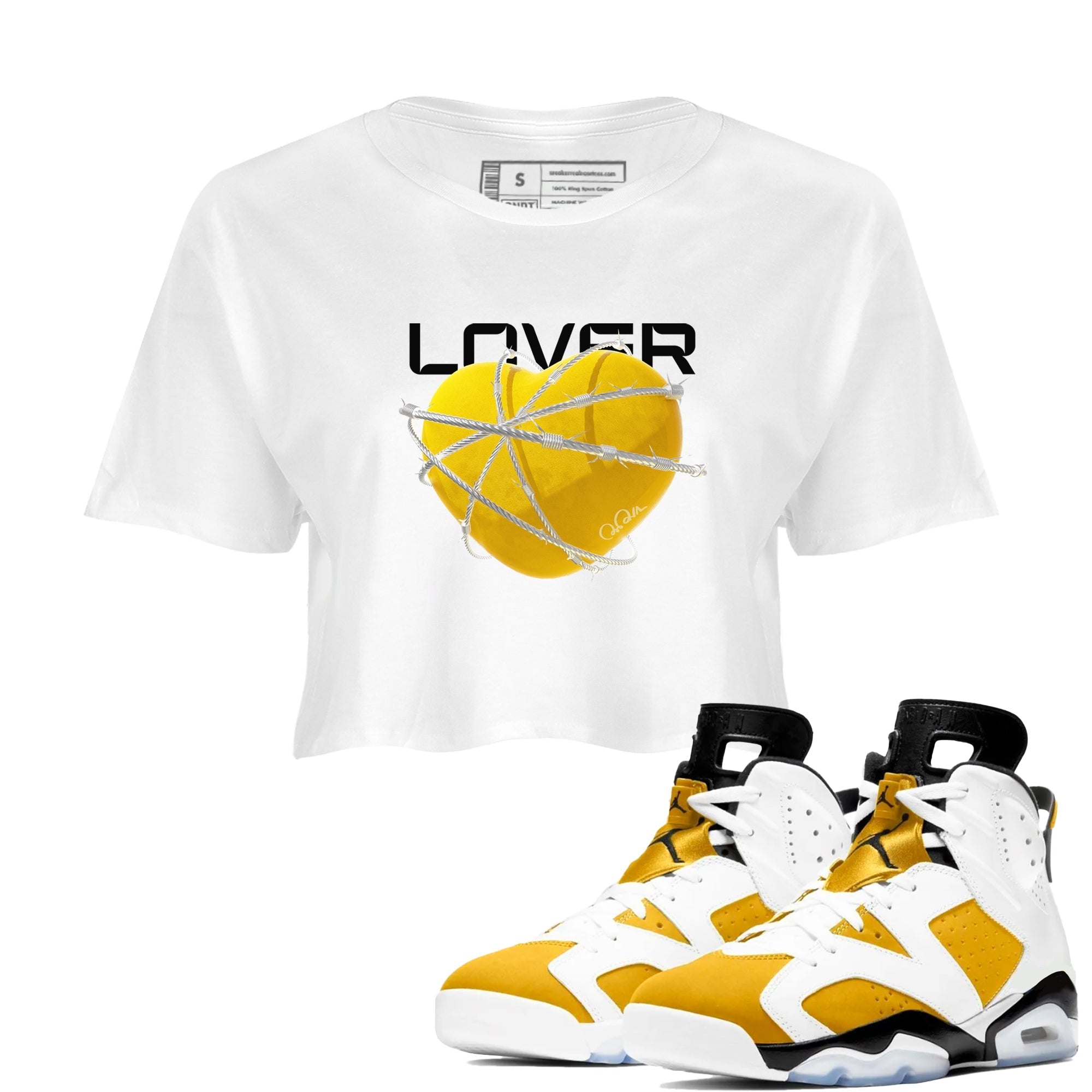 6s Yellow Ochre shirt to match jordans Heart Lover sneaker tees streetwear brand Air Jordan 6 Yellow Ochre Drip Gear Zone Brand White 1 Crop T-Shirt