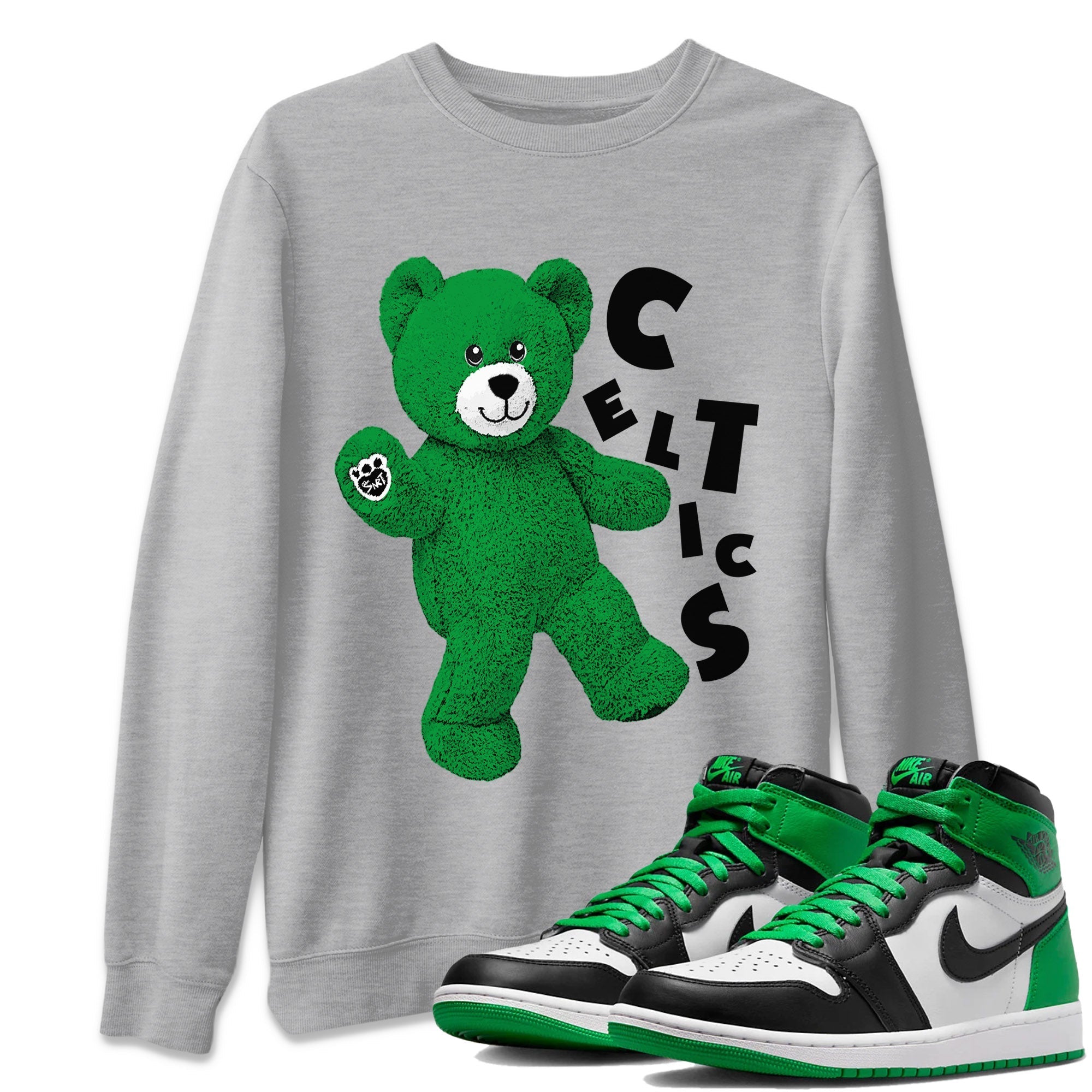 Air Jordan 1 Celtics Sneaker Match Tees Hello Bear Streetwear Sneaker Shirt Air Jordan 1 Lucky Green Celtics Tees Unisex Shirts Heather Grey 1