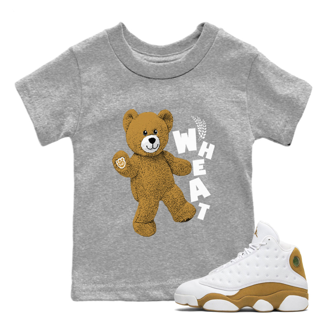Jordan Retro 13 Wheat Sneaker Matching Tee Hello Bear Streetwear Sneaker Shirt Air Jordan 13 Wheat Sneaker Release Tees Kids Shirts Heather Grey 1