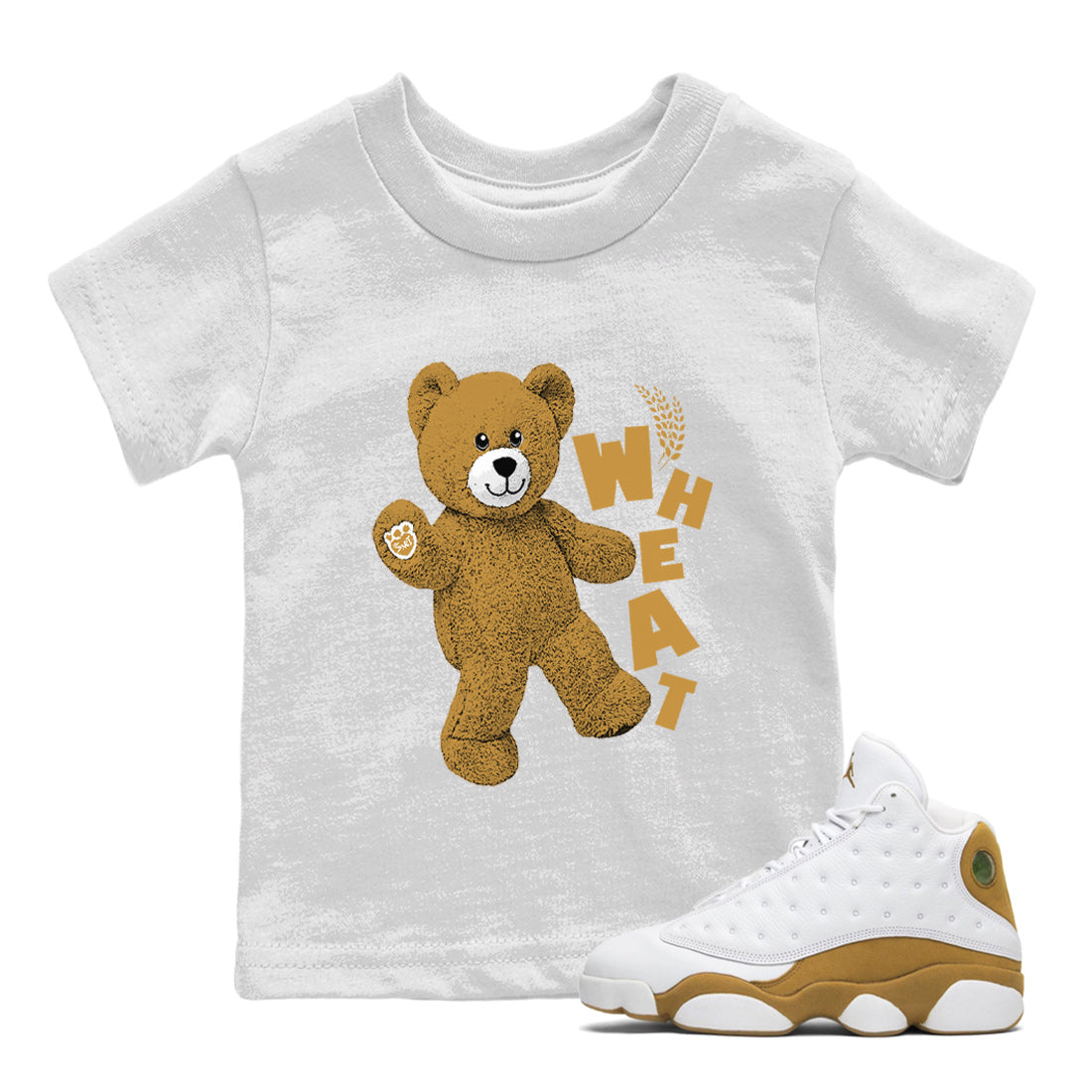 Jordan Retro 13 Wheat Sneaker Matching Tee Hello Bear Streetwear Sneaker Shirt Air Jordan 13 Wheat Sneaker Release Tees Kids Shirts White 1