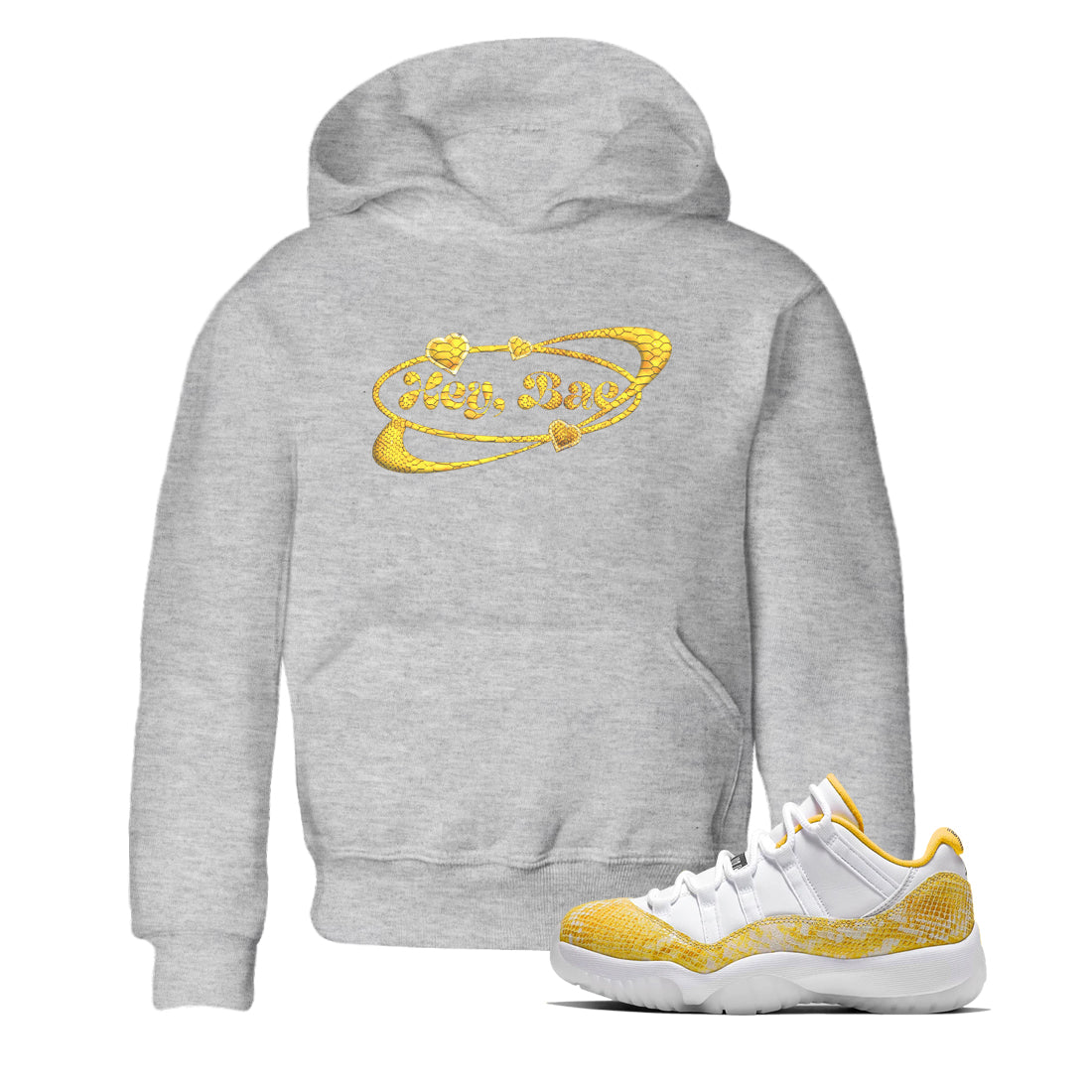 Air Jordan 11 Yellow Python Sneaker Match Tees Hey Bae Shirts AJ11 Yellow Python Drip Gear Zone Kids Shirts Heather Grey 1