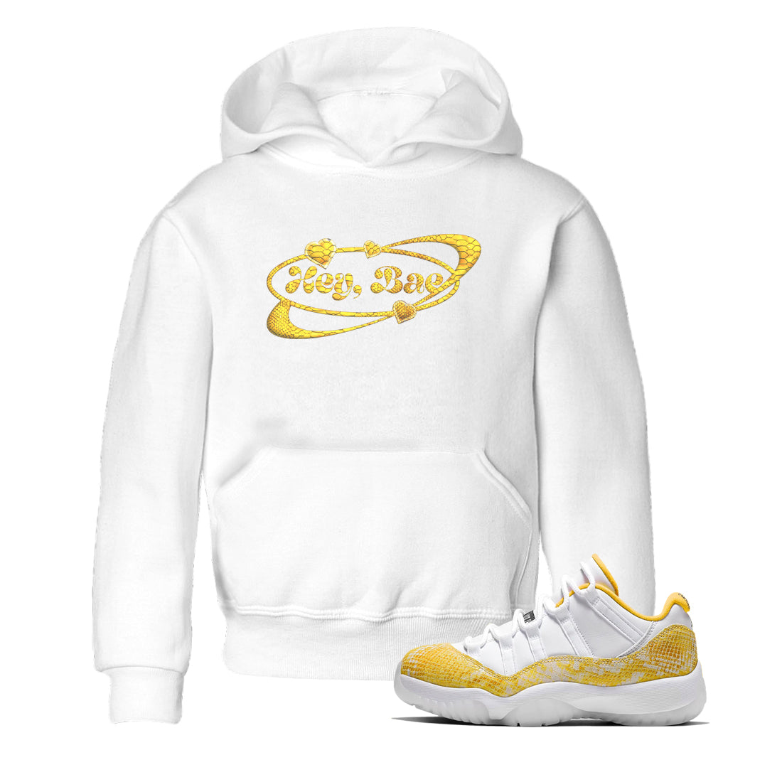 Air Jordan 11 Yellow Python Sneaker Match Tees Hey Bae Shirts AJ11 Yellow Python Drip Gear Zone Kids Shirts White 1