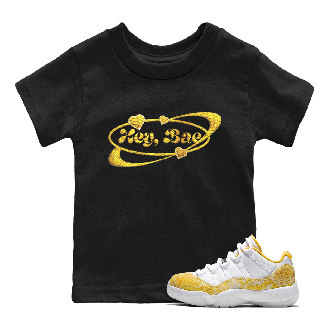 Air Jordan 11 Yellow Python Sneaker Match Tees Hey Bae Shirts AJ11 Yellow Python Drip Gear Zone Kids Shirts Black 1
