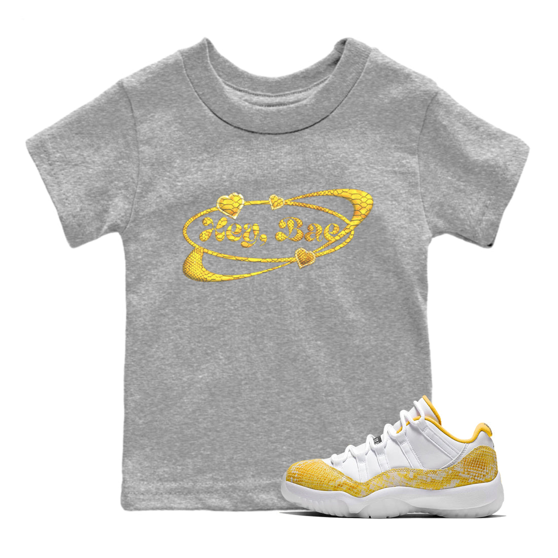 Air Jordan 11 Yellow Python Sneaker Match Tees Hey Bae Shirts AJ11 Yellow Python Drip Gear Zone Kids Shirts Heather Grey 1