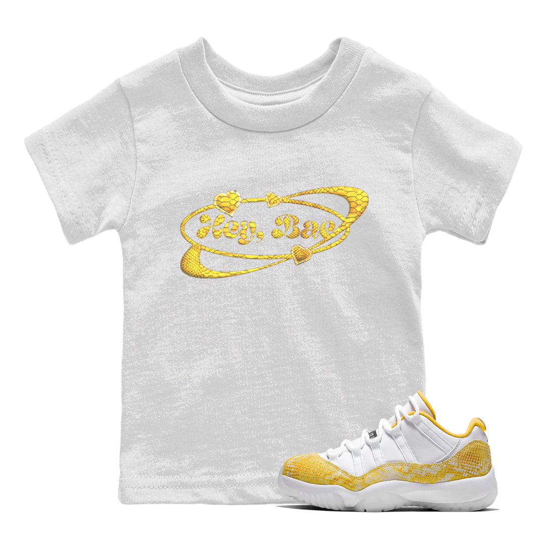 Air Jordan 11 Yellow Python Sneaker Match Tees Hey Bae Shirts AJ11 Yellow Python Drip Gear Zone Kids Shirts White 1