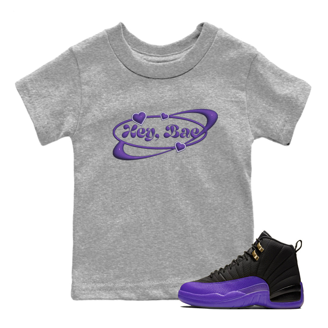 Air Jordan 12 Field Purple Sneaker Match Tees Hey Bae Sneaker Tees AJ12 Field Purple Sneaker Release Tees Kids Shirts Heather Grey 1