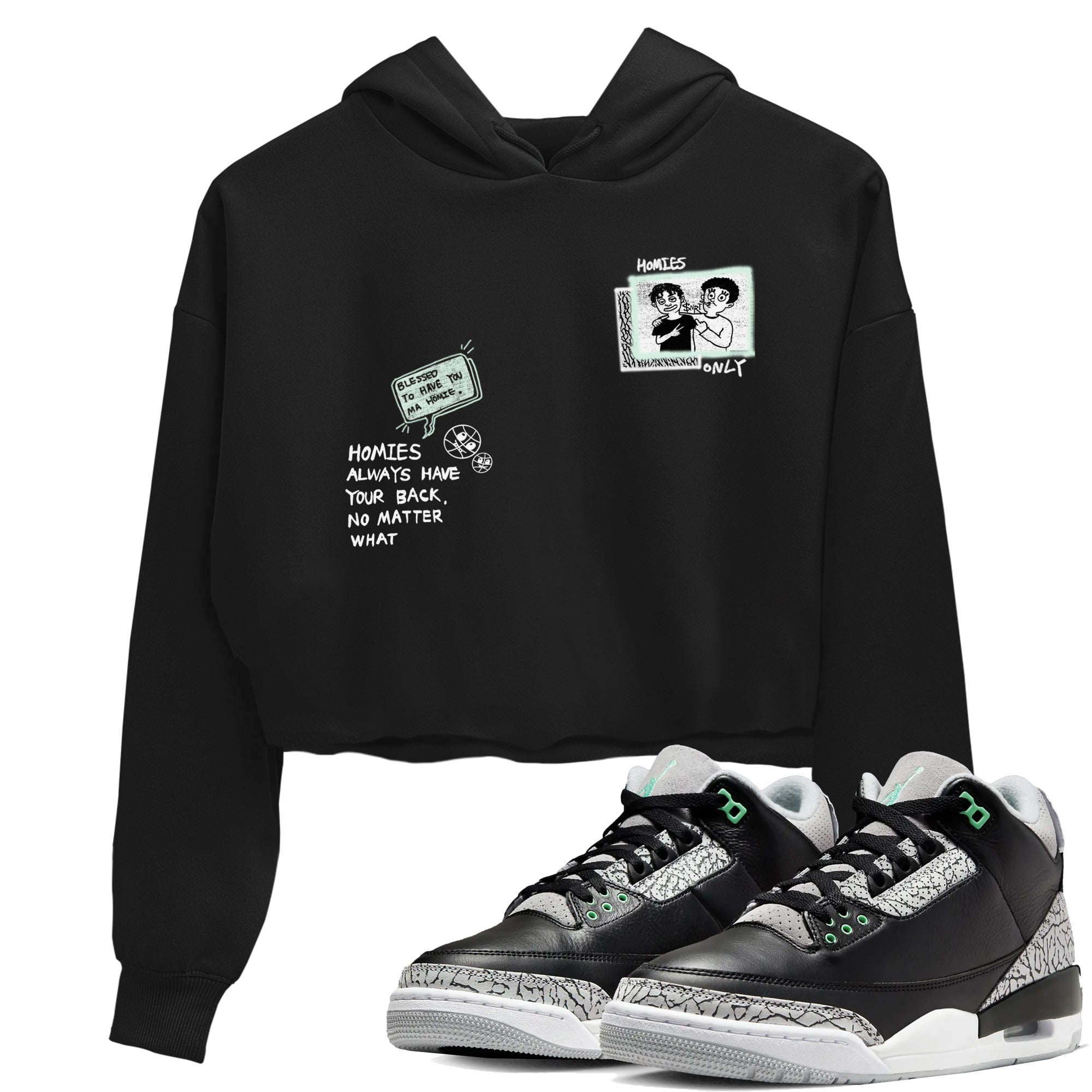 3s Green Glow shirt to match jordans Homies Only sneaker tees Air Jordan 3 Green Glow Drip Gear Zone Black 1 crop length shirt
