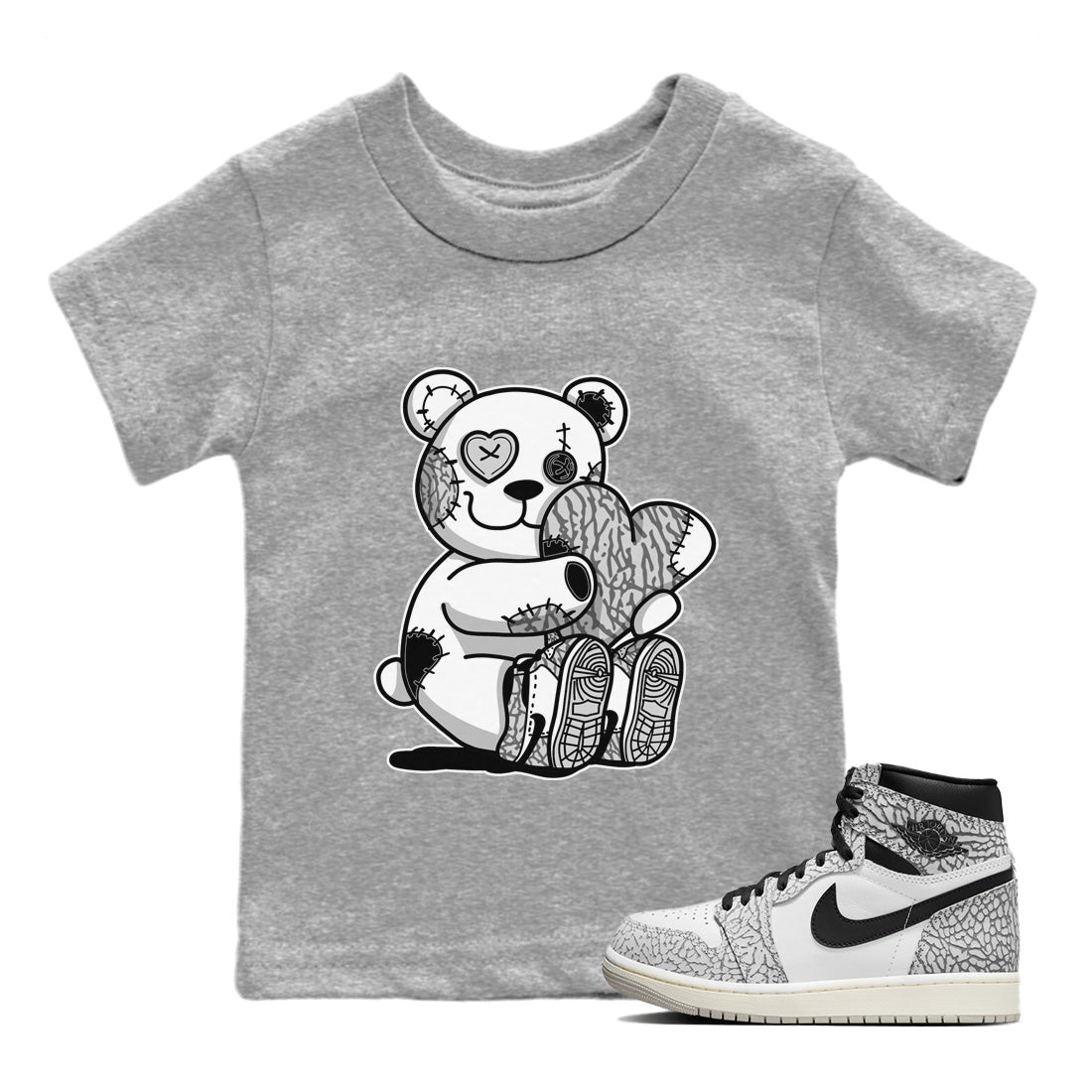 Jordan 1 White Cement Sneaker Matching T-Shirt Hugging Bear Sneaker Tees Jordan 1 White Cement Sneaker Release Tees Kids Shirts
