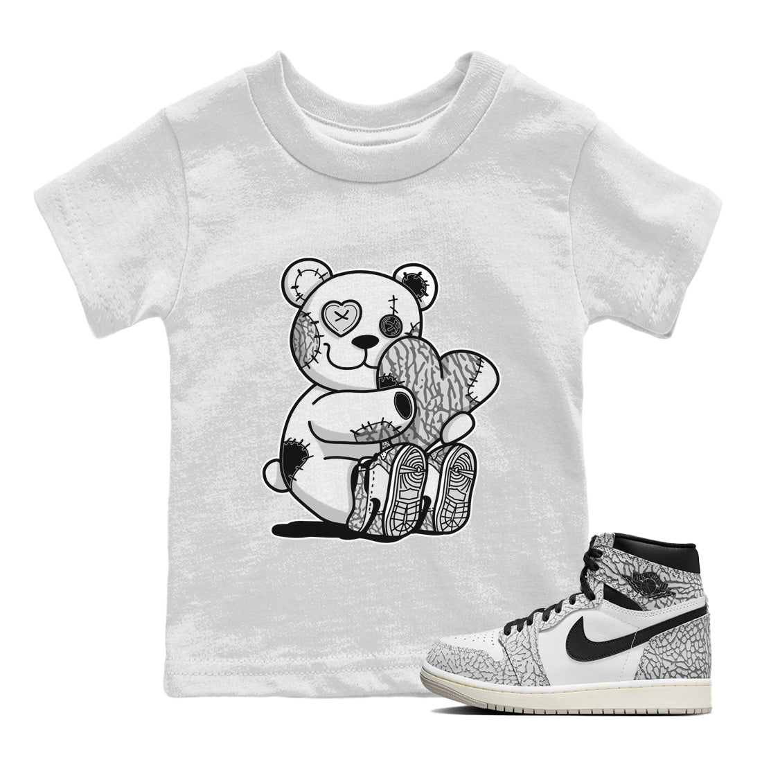 Jordan 1 White Cement Sneaker Matching T-Shirt Hugging Bear Sneaker Tees Jordan 1 White Cement Sneaker Release Tees Kids Shirts