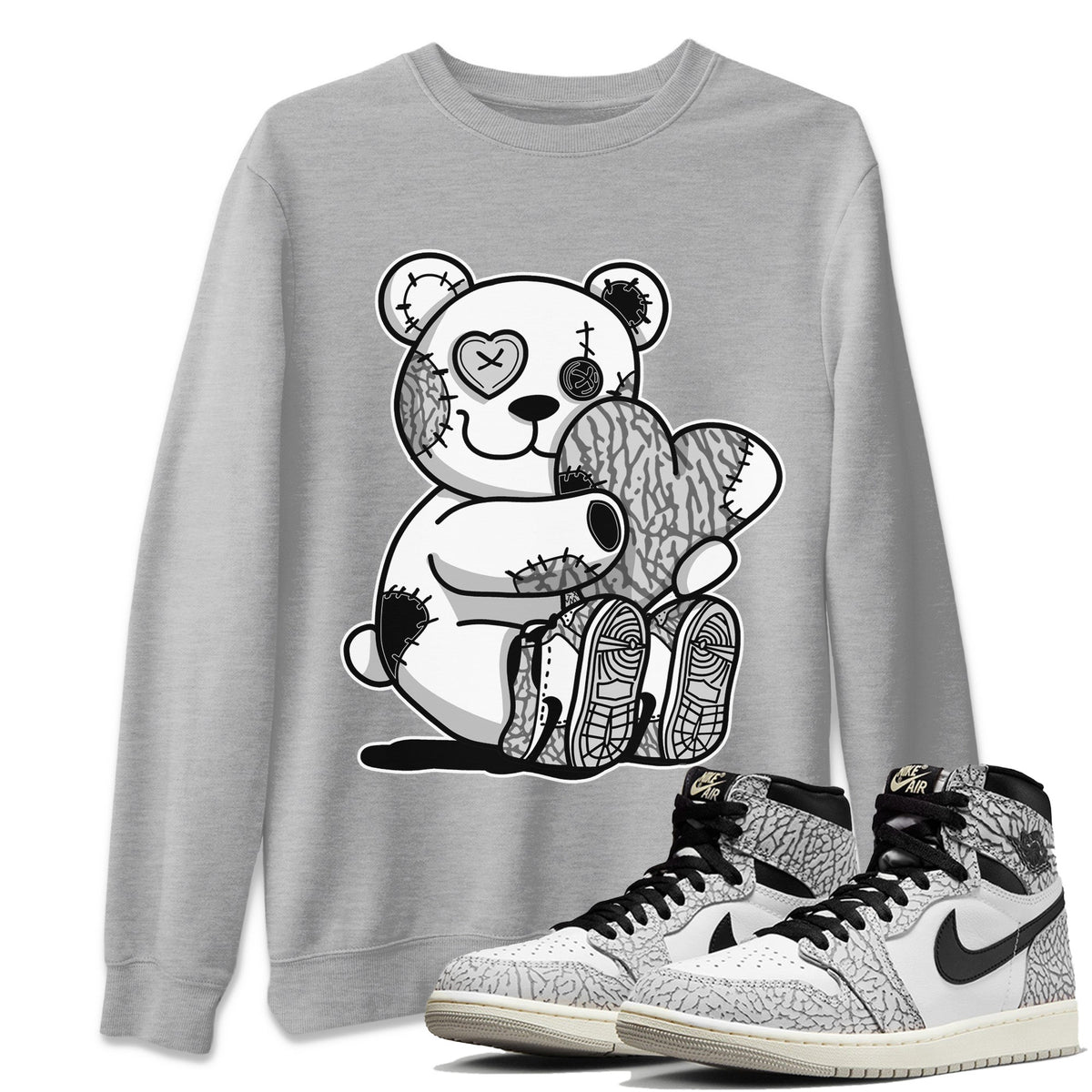 Jordan 1 White Cement Sneaker Matching T-Shirt Hugging Bear Sneaker Tees Jordan 1 White Cement Sneaker Release Tees Crew Neck Tees