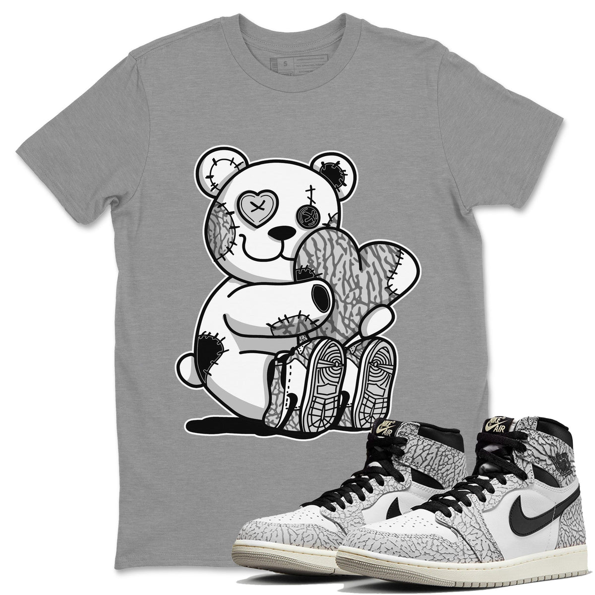 Jordan 1 White Cement Sneaker Matching T-Shirt Hugging Bear Sneaker Tees Jordan 1 White Cement Sneaker Release Tees Crew Neck Tees