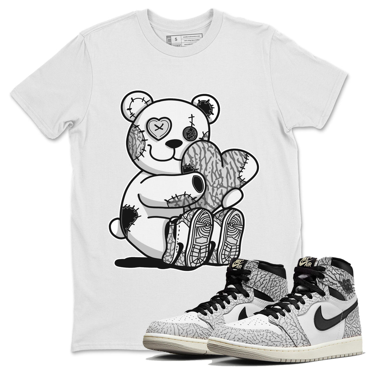 Jordan 1 White Cement Sneaker Matching T-Shirt Hugging Bear Sneaker Tees Jordan 1 White Cement Sneaker Release Tees Crew Neck Tees
