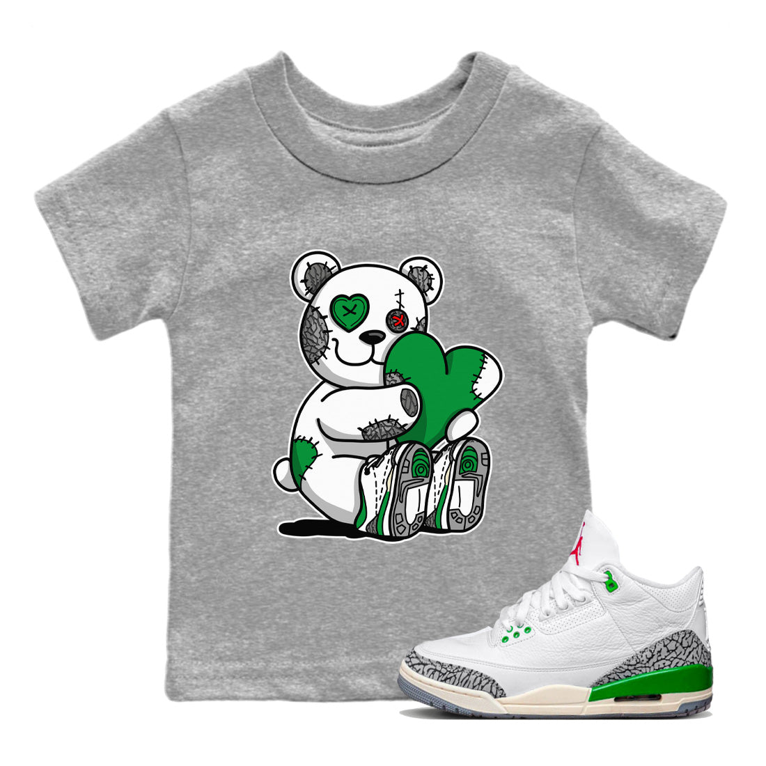 Air Jordan 3 Lucky Green Sneaker Match Tees Hugging Bear Streetwear Sneaker Shirt Jordan 3 Retro Lucky Green Sneaker Release Tees Kids Shirts Heather Grey 1