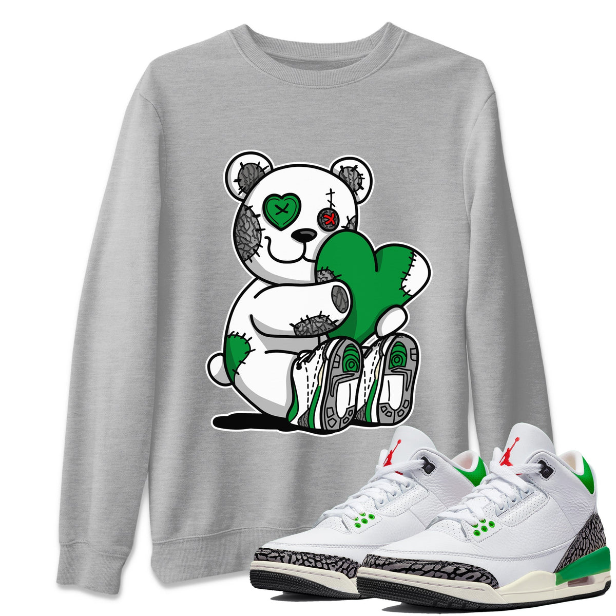 Air Jordan 3 Lucky Green Sneaker Match Tees Hugging Bear Streetwear Sneaker Shirt Jordan 3 Retro Lucky Green Sneaker Release Tees Unisex Shirts Heather Grey 1
