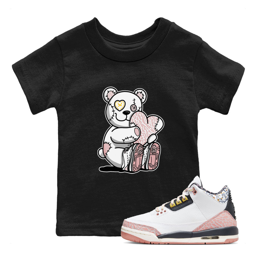 Air Jordan 3 GS Vintage Floral shirt to match jordans Hugging Bear sneaker tees 3s Vintage Floral Drip Gear Zone baby toddler Black 1 cotton Shirt