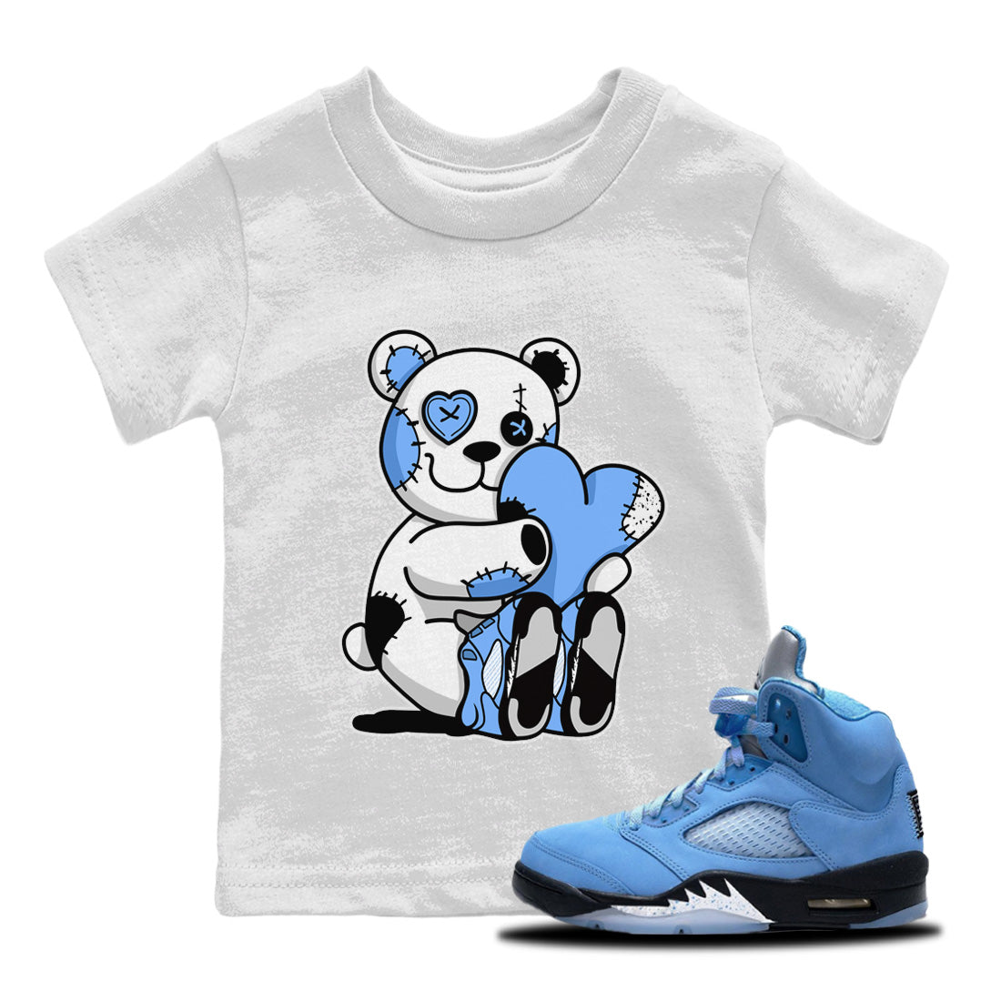 Air Jordan 5 UNC Shirt To Match Jordans Hugging Bear Sneaker Tees Air Jordan 5 Retro UNC Drip Gear Zone Sneaker Matching Clothing Kids Shirts White 1