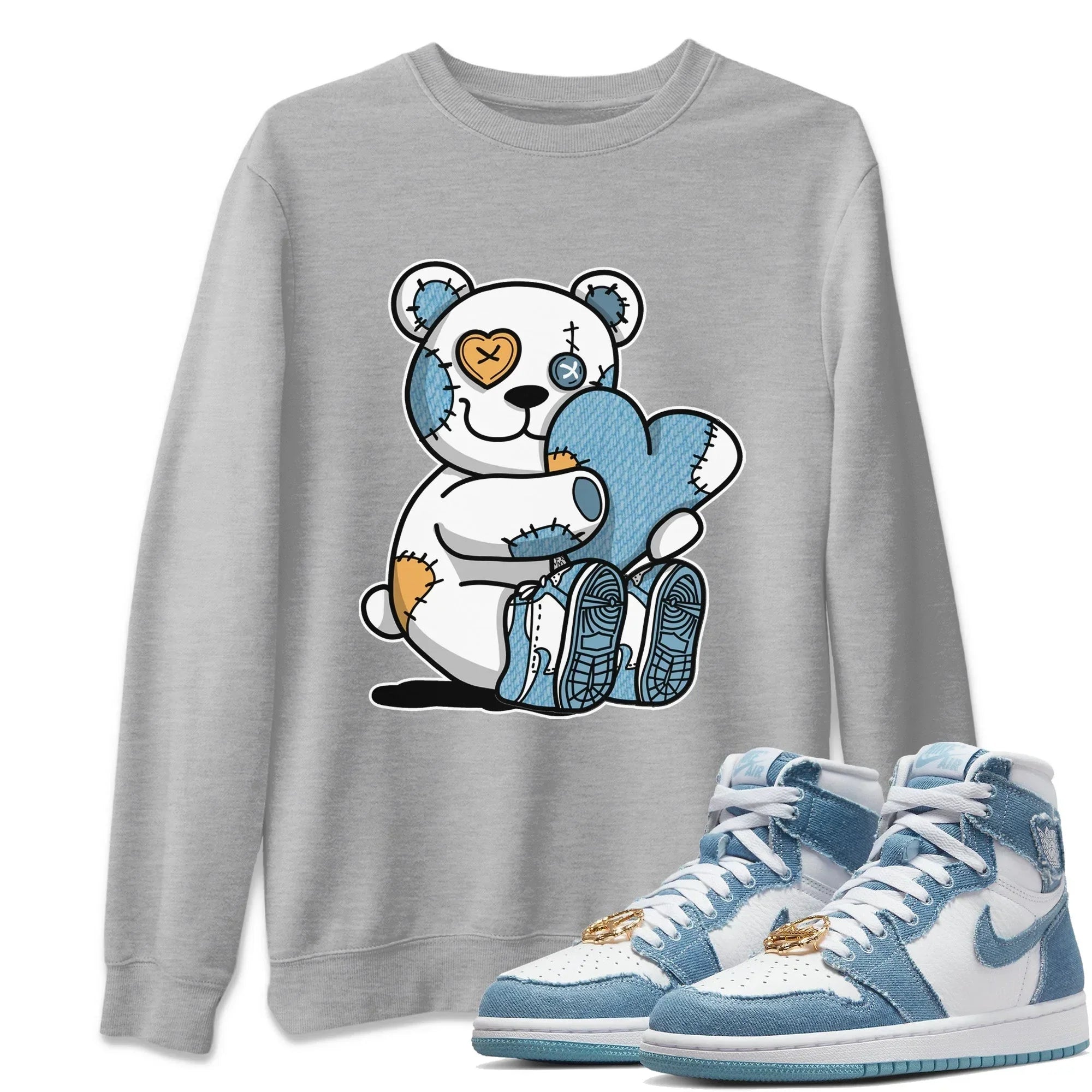 Jordan 1 Denim Sneaker Matching T-Shirt Hugging Bear Sneaker Tees Jordan 1 Denim Sneaker Release Tees Crew Neck Tees
