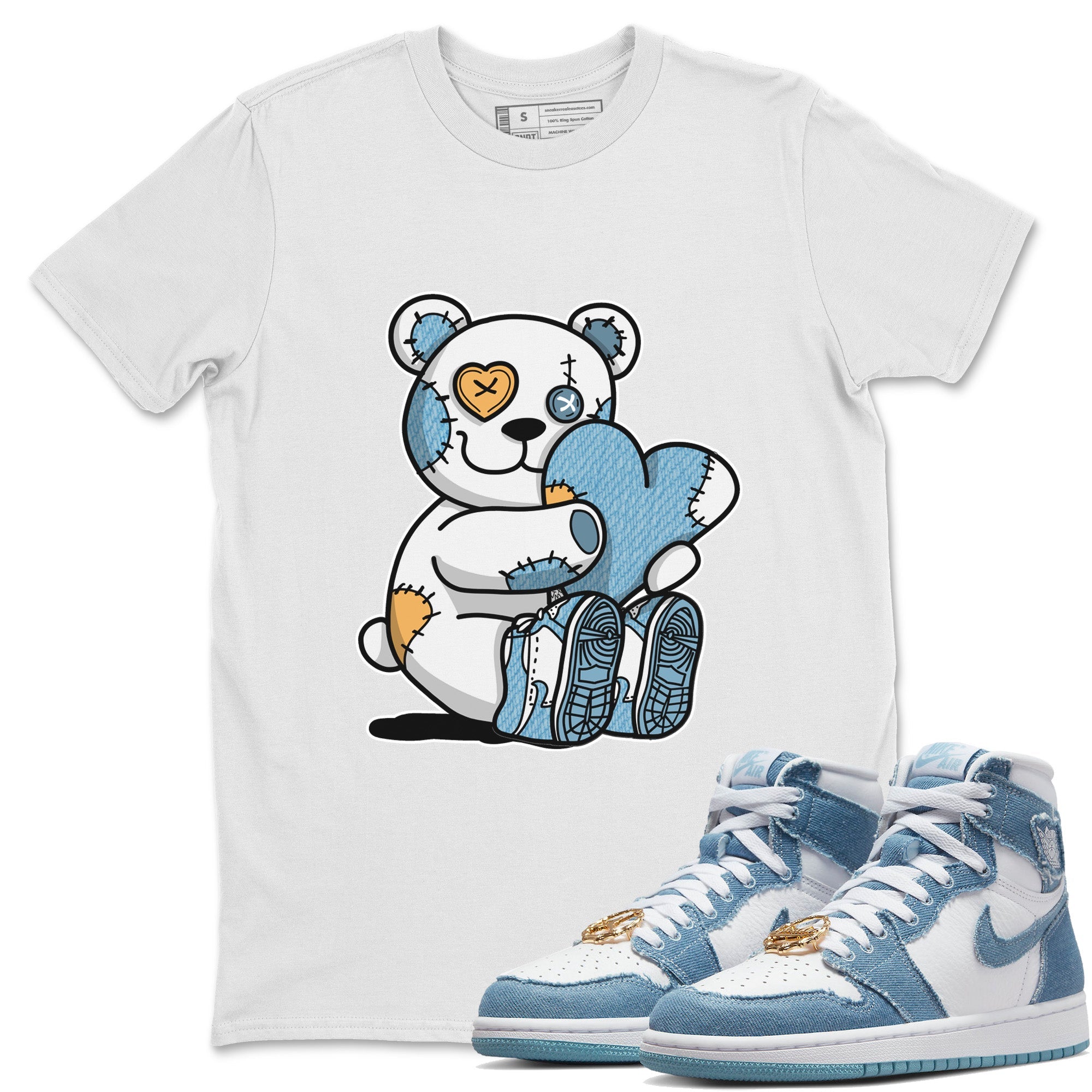 Jordan 1 Denim Sneaker Matching T-Shirt Hugging Bear Sneaker Tees Jordan 1 Denim Sneaker Release Tees Crew Neck Tees
