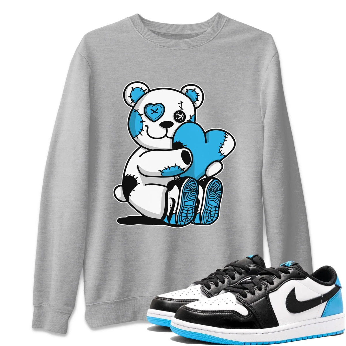 Jordan 1 Powder Blue Sneaker Matching T-Shirt Hugging Bear Sneaker Tees Jordan 1 Powder Blue Sneaker Release Tees Crew Neck Tees