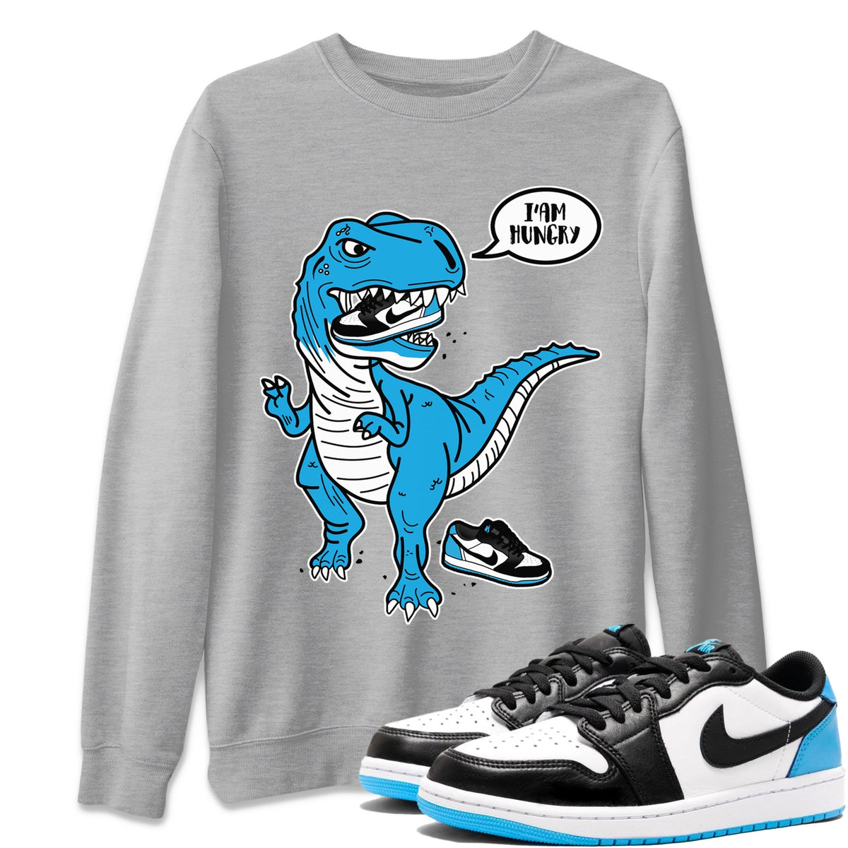 Jordan 1 Powder Blue Sneaker Matching T-Shirt Hungry Dino Sneaker Tees Jordan 1 Powder Blue Sneaker Release Tees Crew Neck Tees