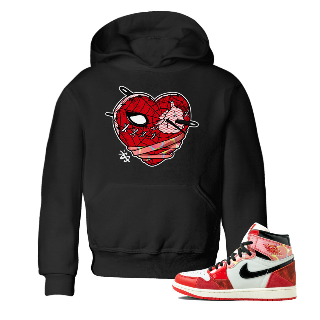 Air Jordan 1 Spider Man Sneaker Match Tees Hurt Heart Sneaker Release Tees Spider-Man: Across the Spider-Verse x Air Jordan 1 Sneaker Release Tees Kids Shirts Black 1