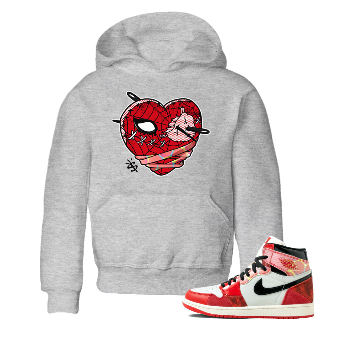Air Jordan 1 Spider Man Sneaker Match Tees Hurt Heart Sneaker Release Tees Spider-Man: Across the Spider-Verse x Air Jordan 1 Sneaker Release Tees Kids Shirts Heather Grey 1