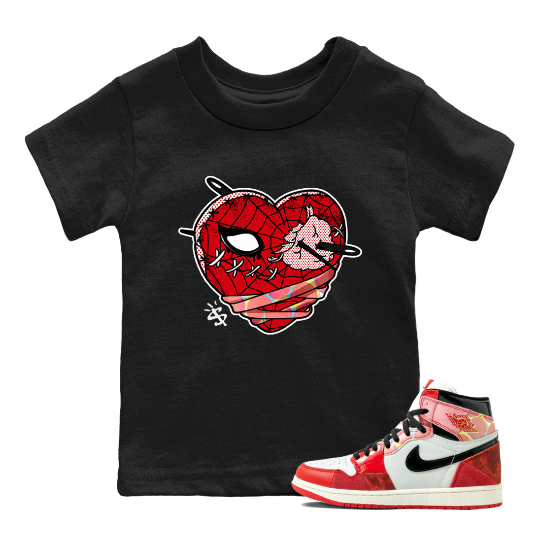 Air Jordan 1 Spider Man Sneaker Match Tees Hurt Heart Sneaker Release Tees Spider-Man: Across the Spider-Verse x Air Jordan 1 Sneaker Release Tees Kids Shirts Black 1