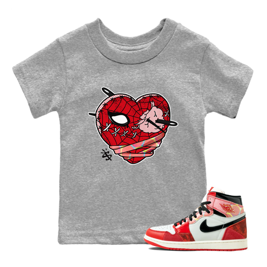 Air Jordan 1 Spider Man Sneaker Match Tees Hurt Heart Sneaker Release Tees Spider-Man: Across the Spider-Verse x Air Jordan 1 Sneaker Release Tees Kids Shirts Heather Grey 1