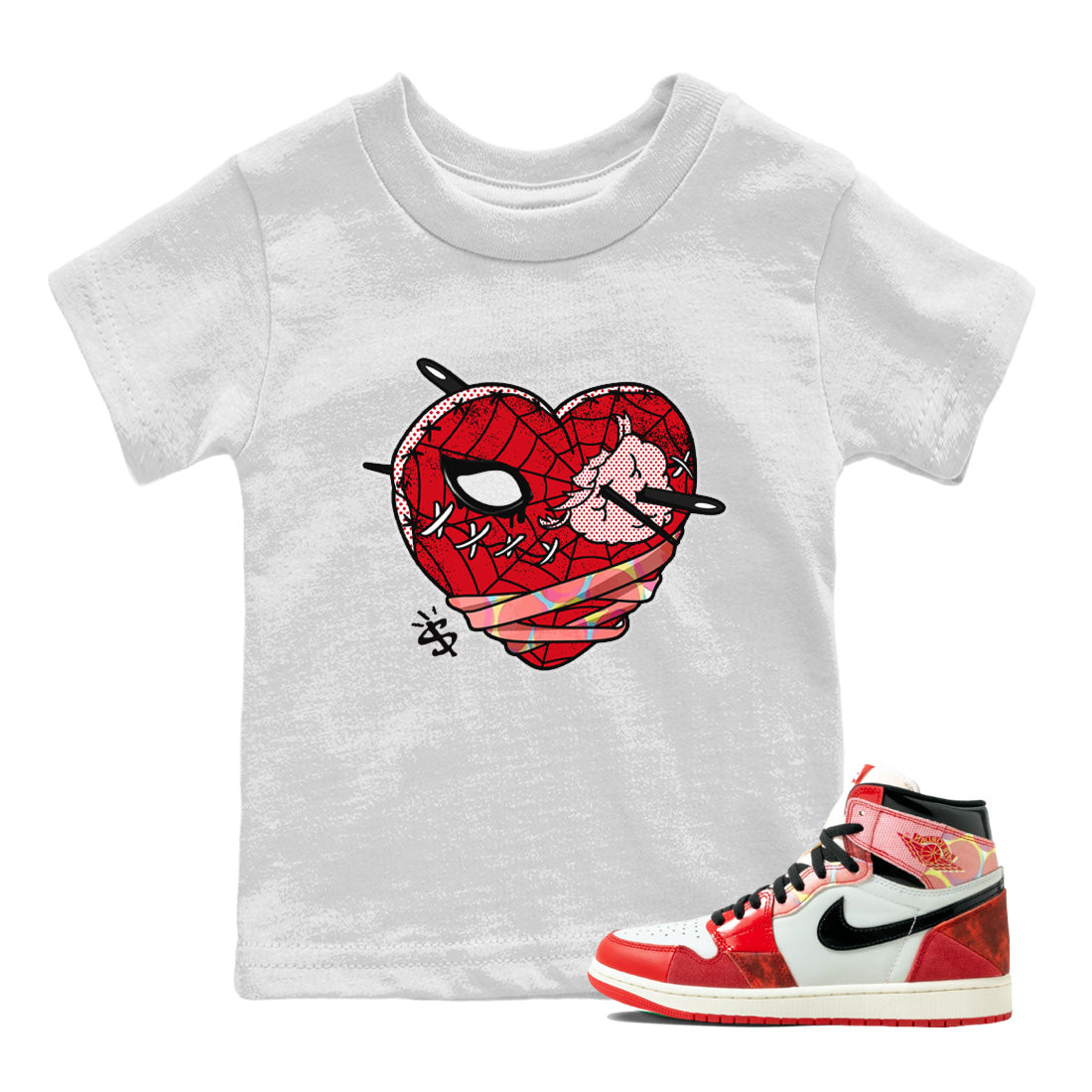 Air Jordan 1 Spider Man Sneaker Match Tees Hurt Heart Sneaker Release Tees Spider-Man: Across the Spider-Verse x Air Jordan 1 Sneaker Release Tees Kids Shirts White 1