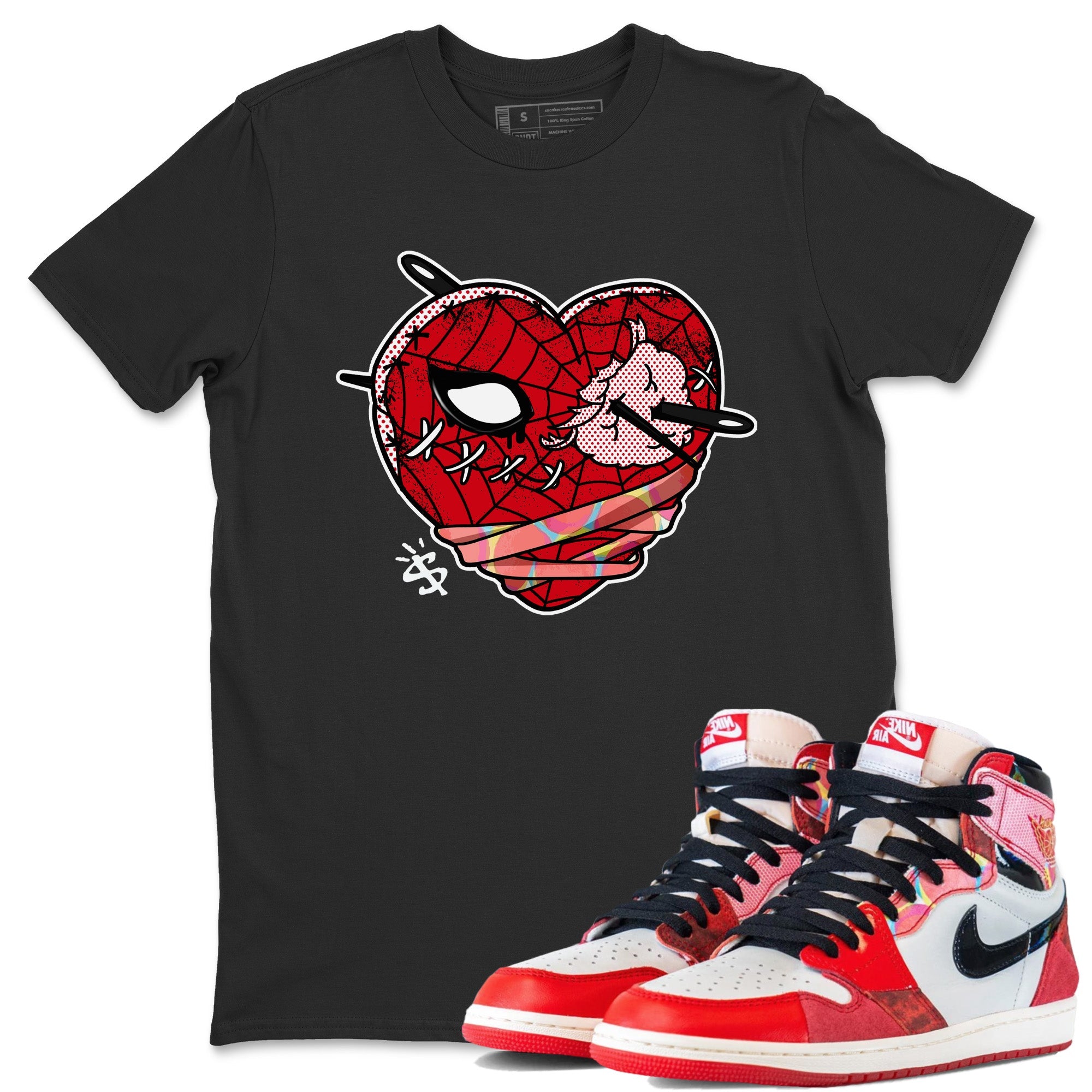 Air Jordan 1 Spider Man Sneaker Match Tees Hurt Heart Sneaker Release Tees Spider-Man: Across the Spider-Verse x Air Jordan 1 Sneaker Release Tees Unisex Shirts Black 1