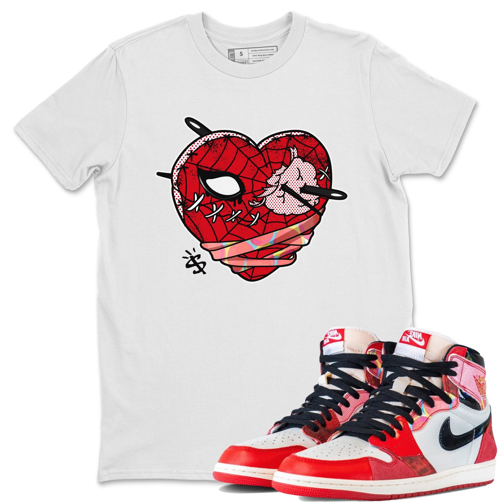 Air Jordan 1 Spider Man Sneaker Match Tees Hurt Heart Sneaker Release Tees Spider-Man: Across the Spider-Verse x Air Jordan 1 Sneaker Release Tees Unisex Shirts White 1