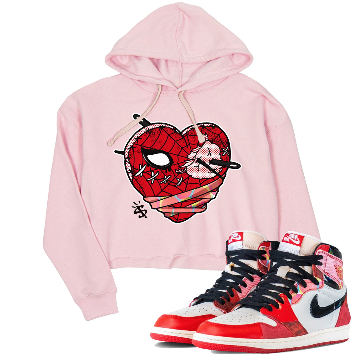 Air Jordan 1 Spider Man Sneaker Match Tees Hurt Heart Sneaker Release Tees Spider-Man: Across the Spider-Verse x Air Jordan 1 Sneaker Release Tees Women's Shirts Pink 1