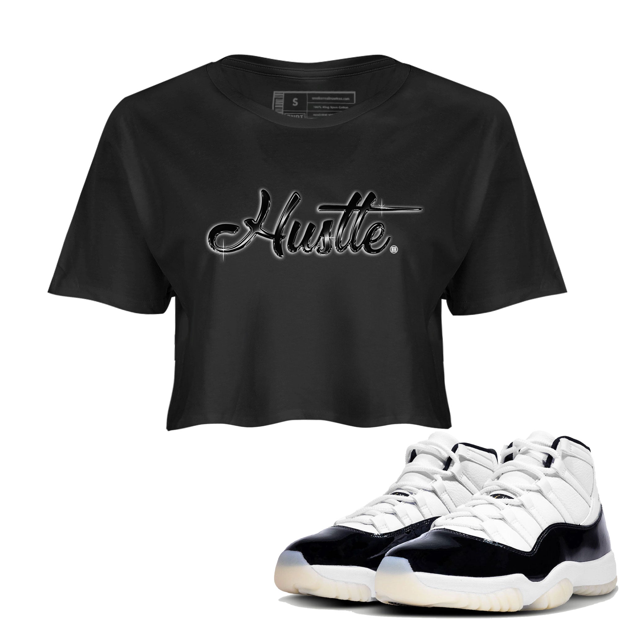 AJ11 Gratitude sneaker shirt to match jordans Hustle Chrome sneaker tees Air Jordan 11 Gratitude Drip Gear Zone Black 1 Crop T-Shirt