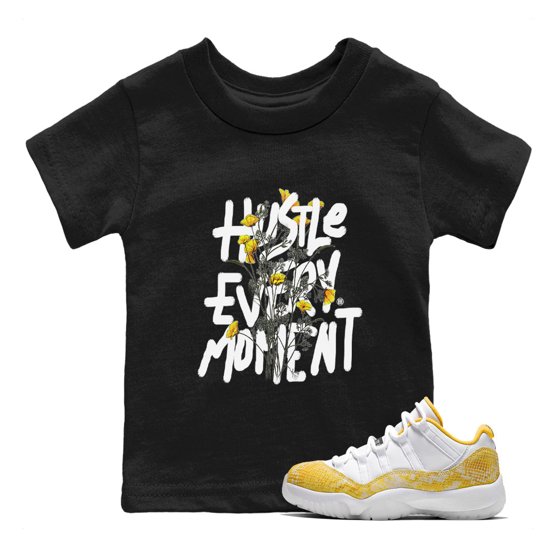 Air Jordan 11 Yellow Python Sneaker Match Tees Hustle Every Moment Streetwear Sneaker Shirt Air Jordan 11 Yellow Python Tees Kids Shirts Black 1
