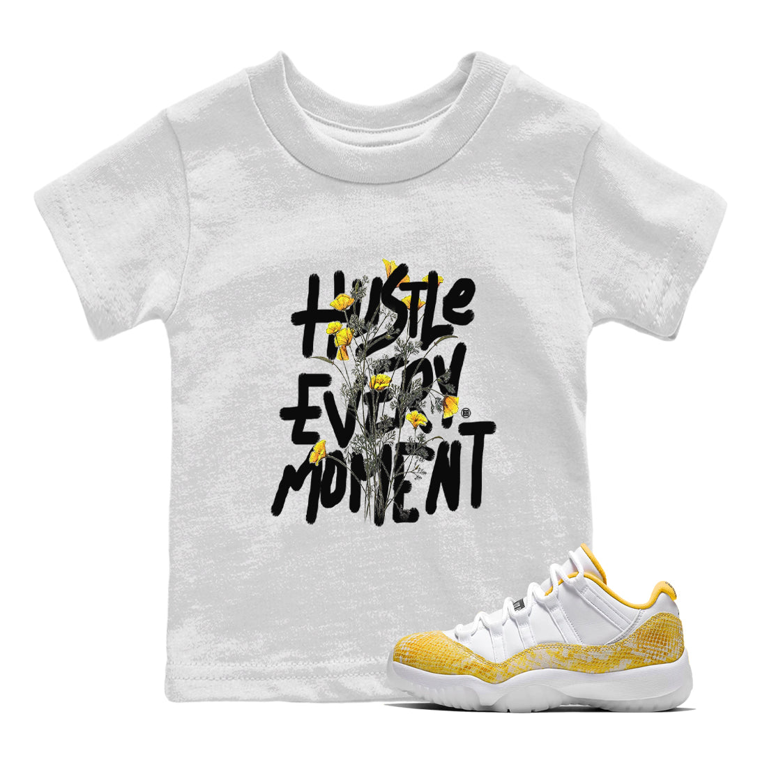 Air Jordan 11 Yellow Python Sneaker Match Tees Hustle Every Moment Streetwear Sneaker Shirt Air Jordan 11 Yellow Python Tees Kids Shirts White 1