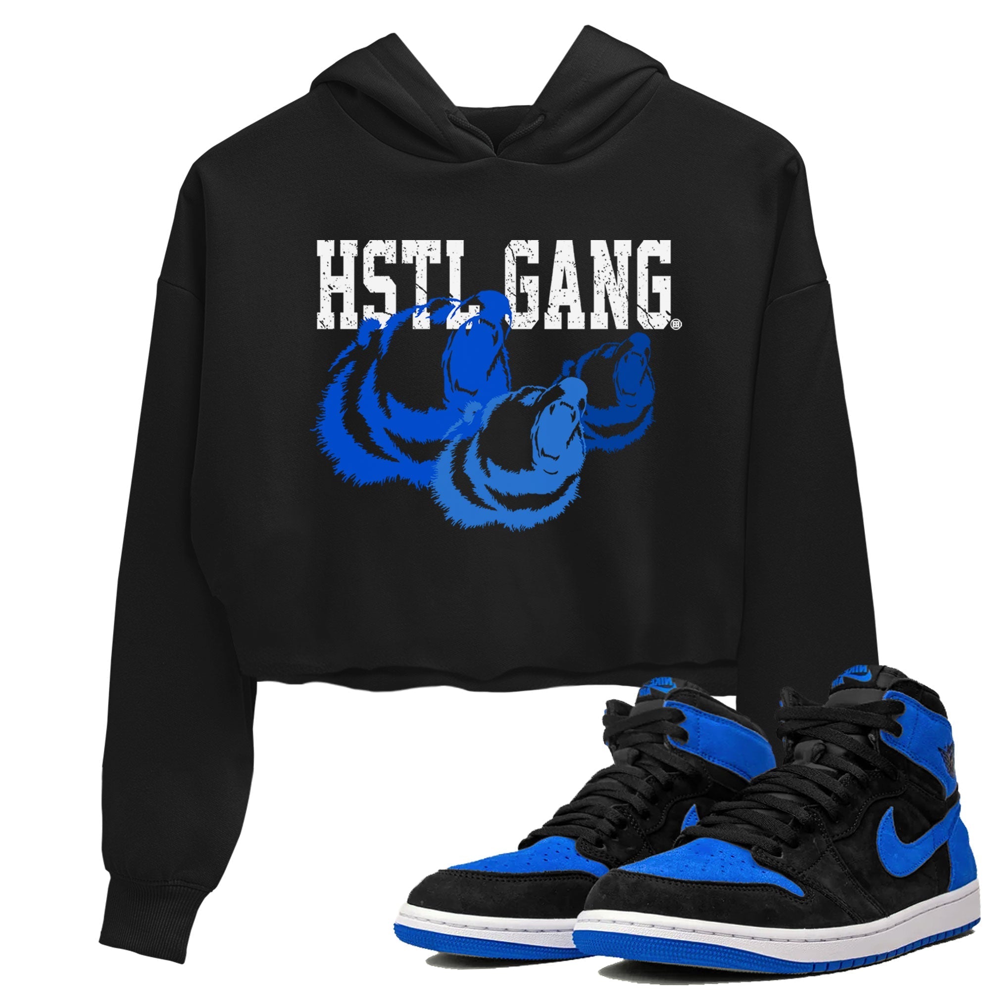 1s Royal Reimagined shirt to match jordans Hustle Gang sneaker tees Air Jordan 1 Royal Reimagined Drip Gear Zone Black 1 Crop T-Shirt