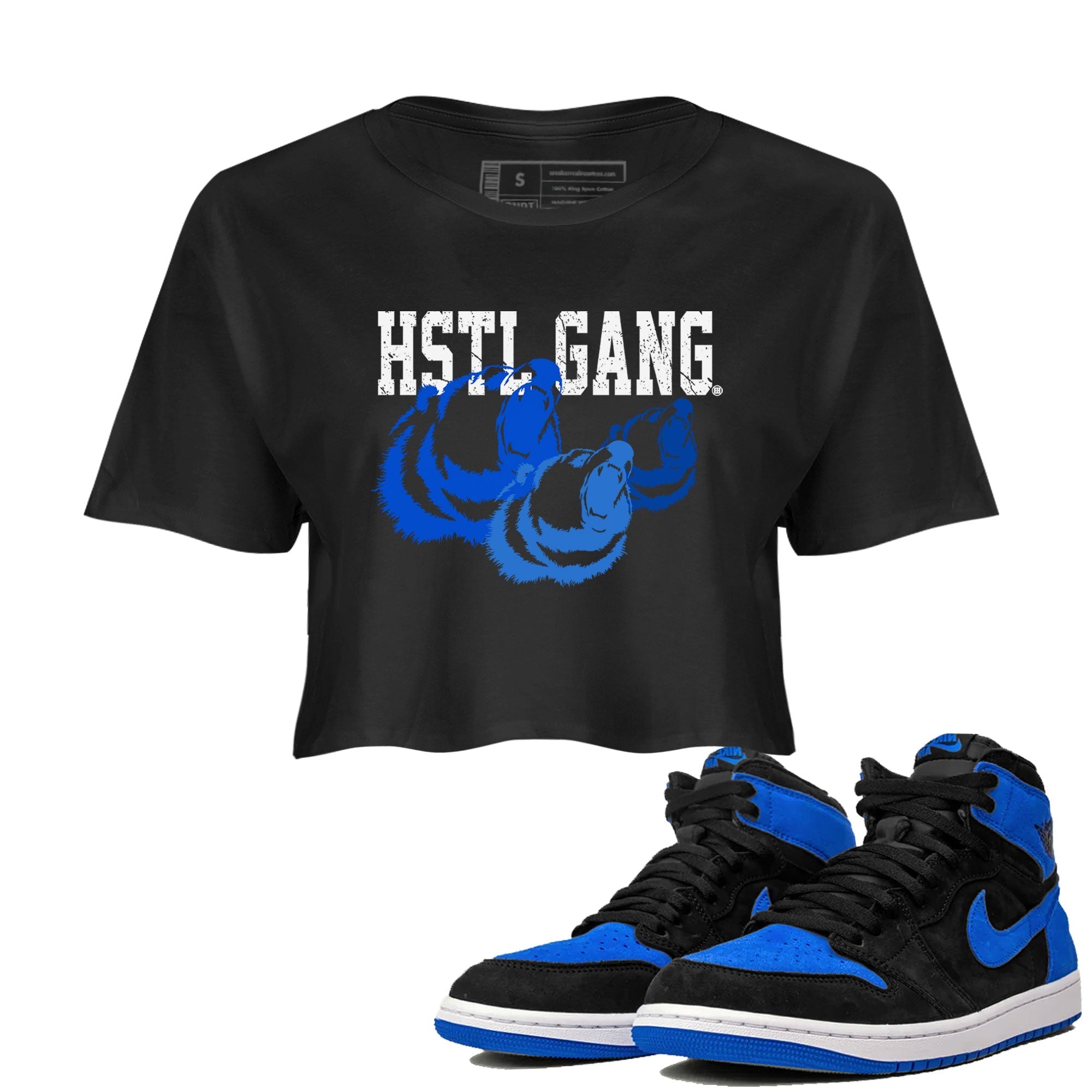 1s Royal Reimagined shirt to match jordans Hustle Gang sneaker tees Air Jordan 1 Royal Reimagined Drip Gear Zone Black 1 Crop T-Shirt