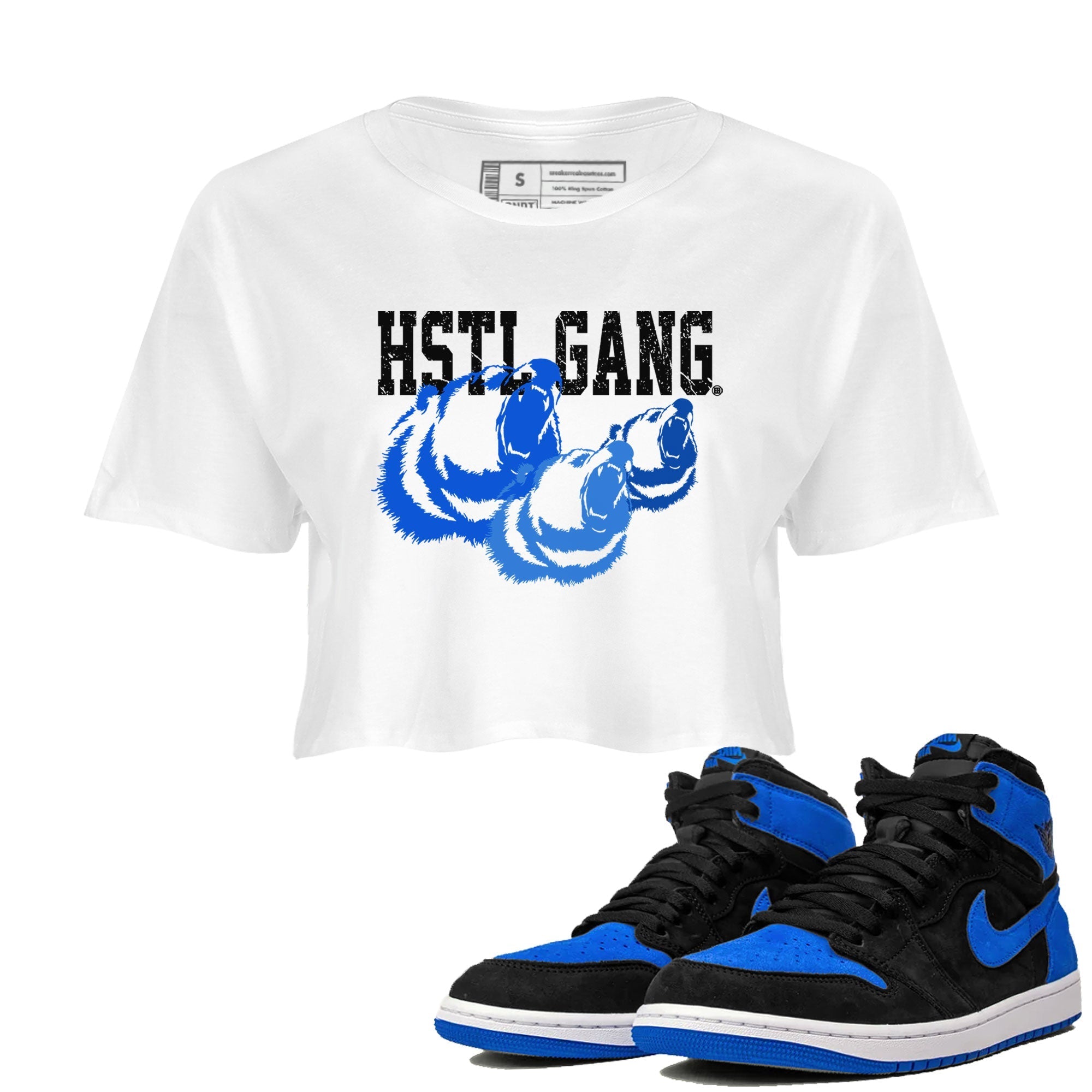 1s Royal Reimagined shirt to match jordans Hustle Gang sneaker tees Air Jordan 1 Royal Reimagined Drip Gear Zone White 1 Crop T-Shirt