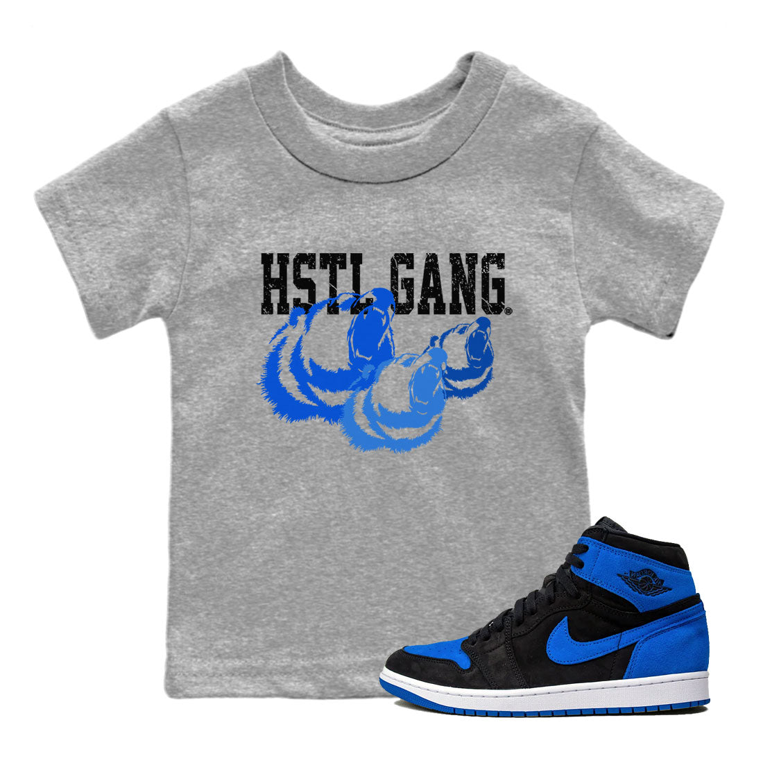 1s Royal Reimagined shirt to match jordans Hustle Gang sneaker tees Air Jordan 1 Royal Reimagined Drip Gear Zone Kids Baby Toddler sneaker shirts Heather Grey 1 T-Shirt