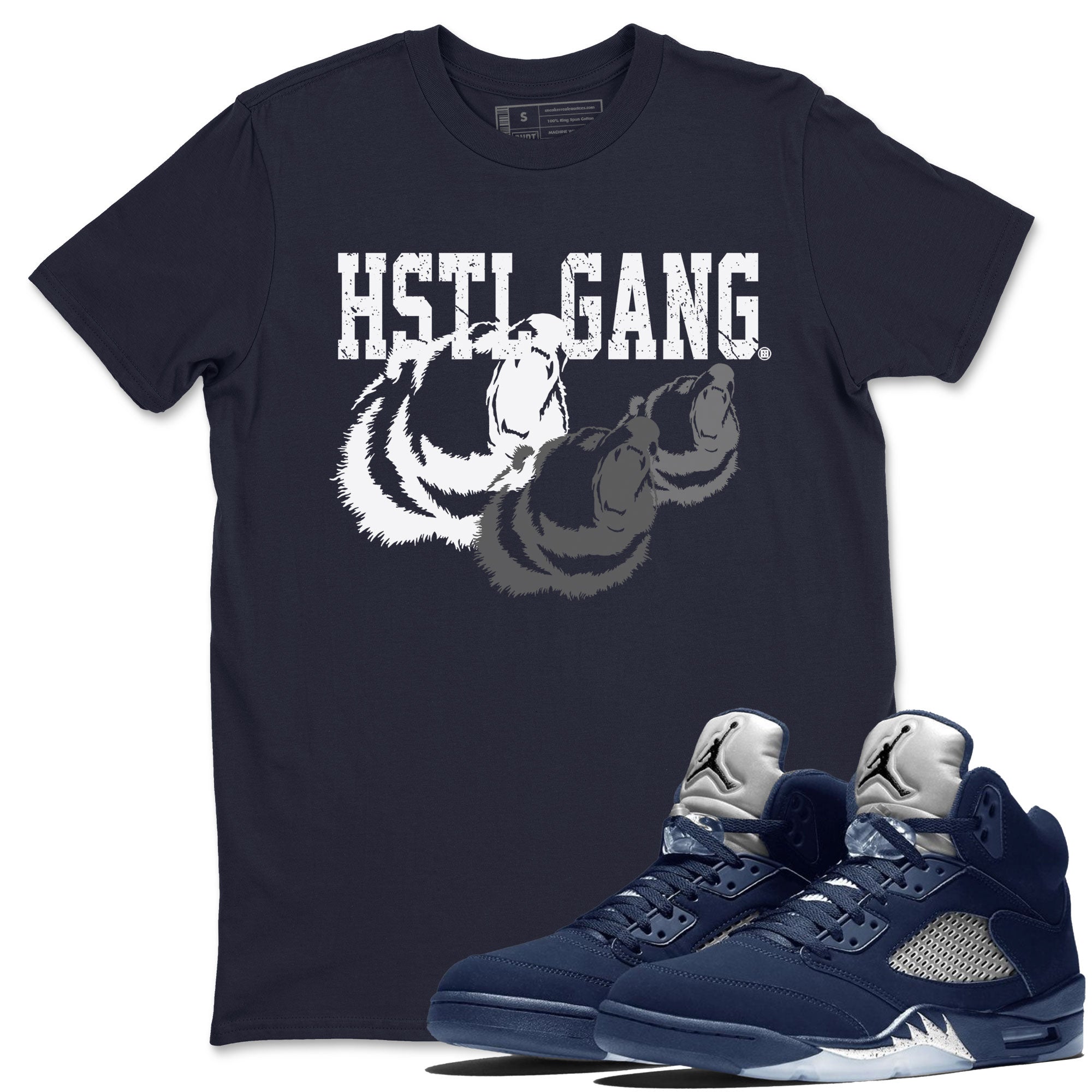 Georgetown 5s shirt to match jordans Hustle Gang Streetwear Sneaker Shirt Air Jordan 5 Retro Georgetown Drip Gear Zone Sneaker Matching Clothing Unisex Navy 1 T-Shirt