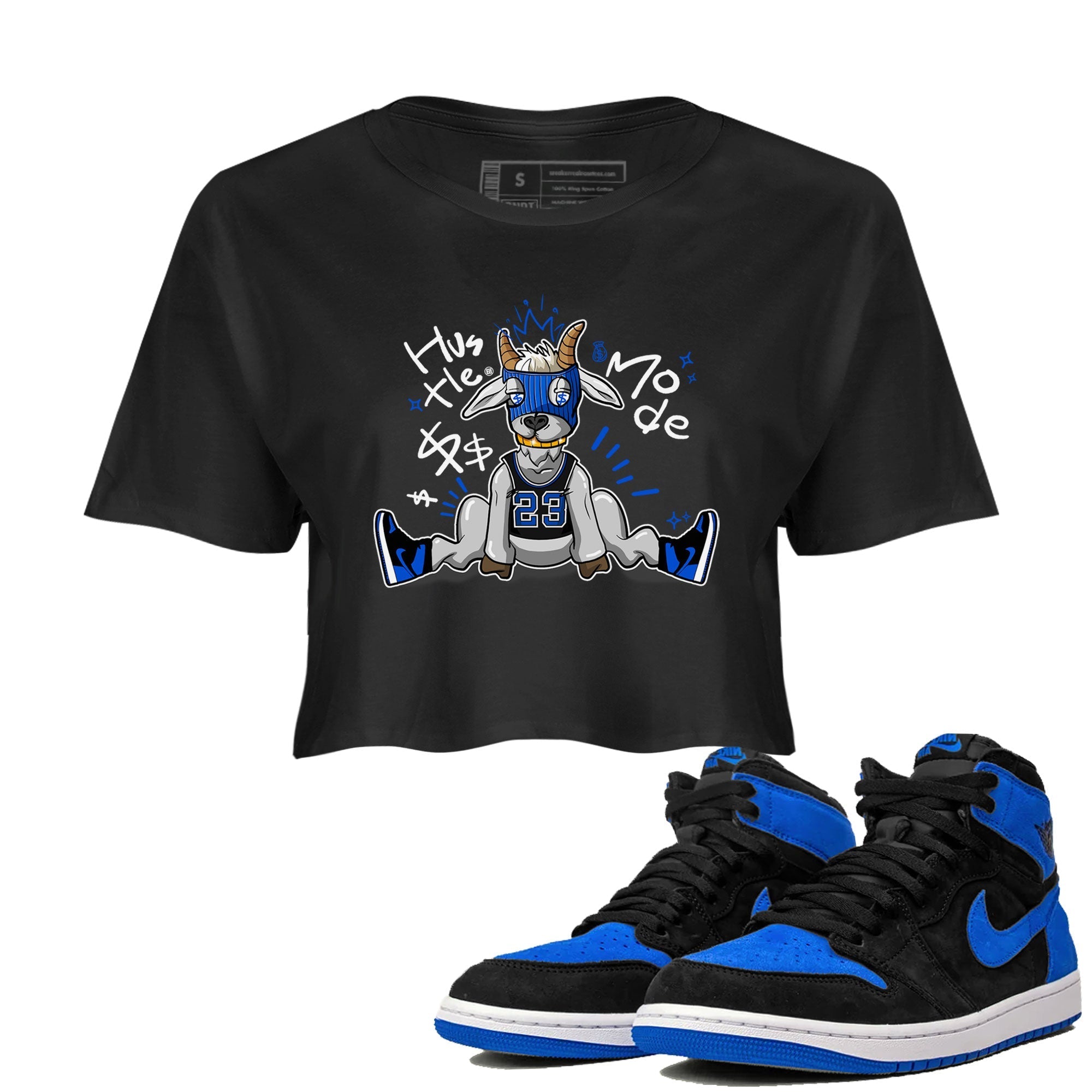 Jordan 1 Retro High OG Royal Reimagined shirt to match jordans Hustle Goat sneaker tees Air Jordan 1 Royal Reimagined Drip Gear Zones Black 1 Crop T-Shirt