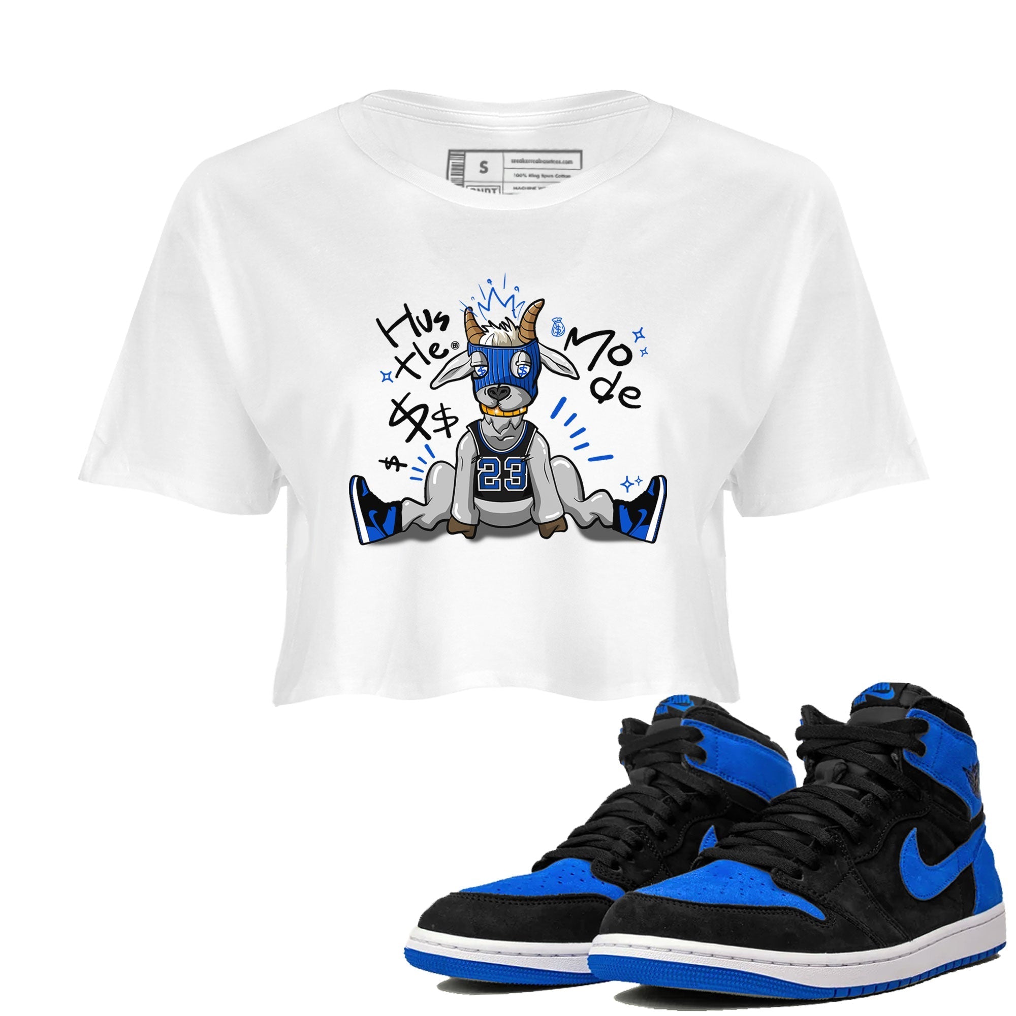 Jordan 1 Retro High OG Royal Reimagined shirt to match jordans Hustle Goat sneaker tees Air Jordan 1 Royal Reimagined Drip Gear Zones White 1 Crop T-Shirt