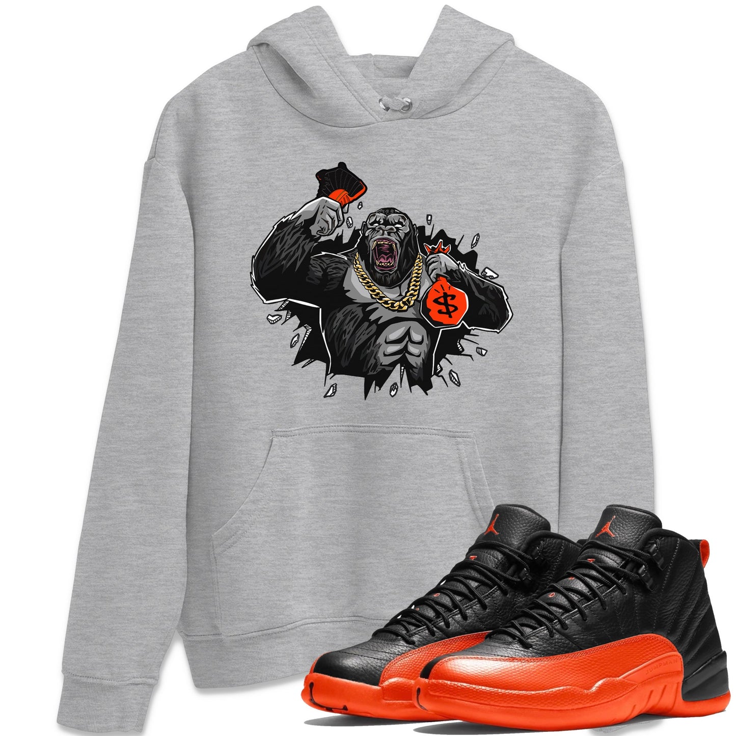 Air Jordan 12 Brilliant Orange Sneaker Match Tees Hustle Gorilla Sneaker Tees AJ12 Brilliant Orange Sneaker Release Tees Unisex Shirts Heather Grey 1
