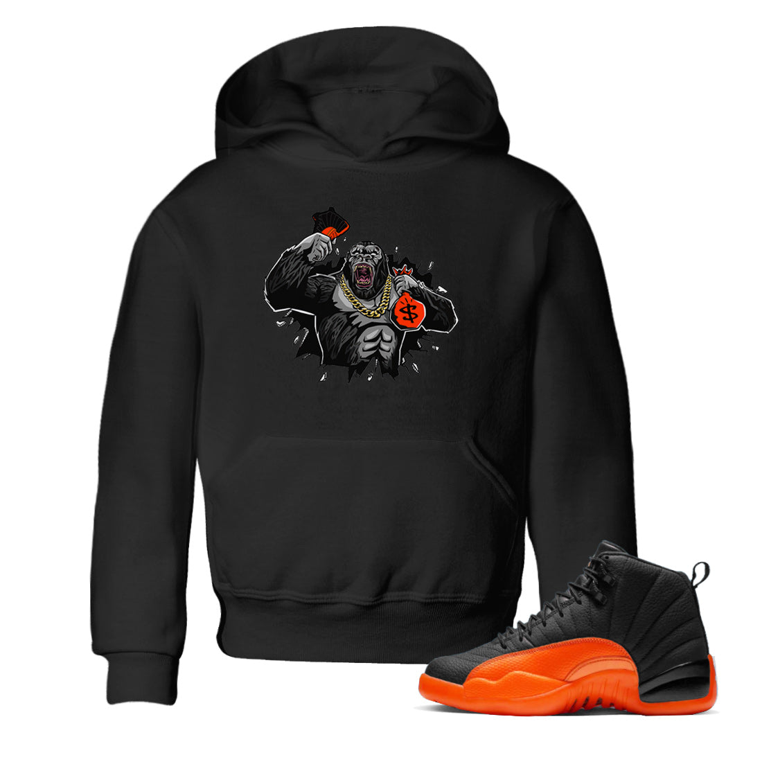 Air Jordan 12 Brilliant Orange Sneaker Match Tees Hustle Gorilla Sneaker Tees AJ12 Brilliant Orange Sneaker Release Tees Kids Shirts Black 1