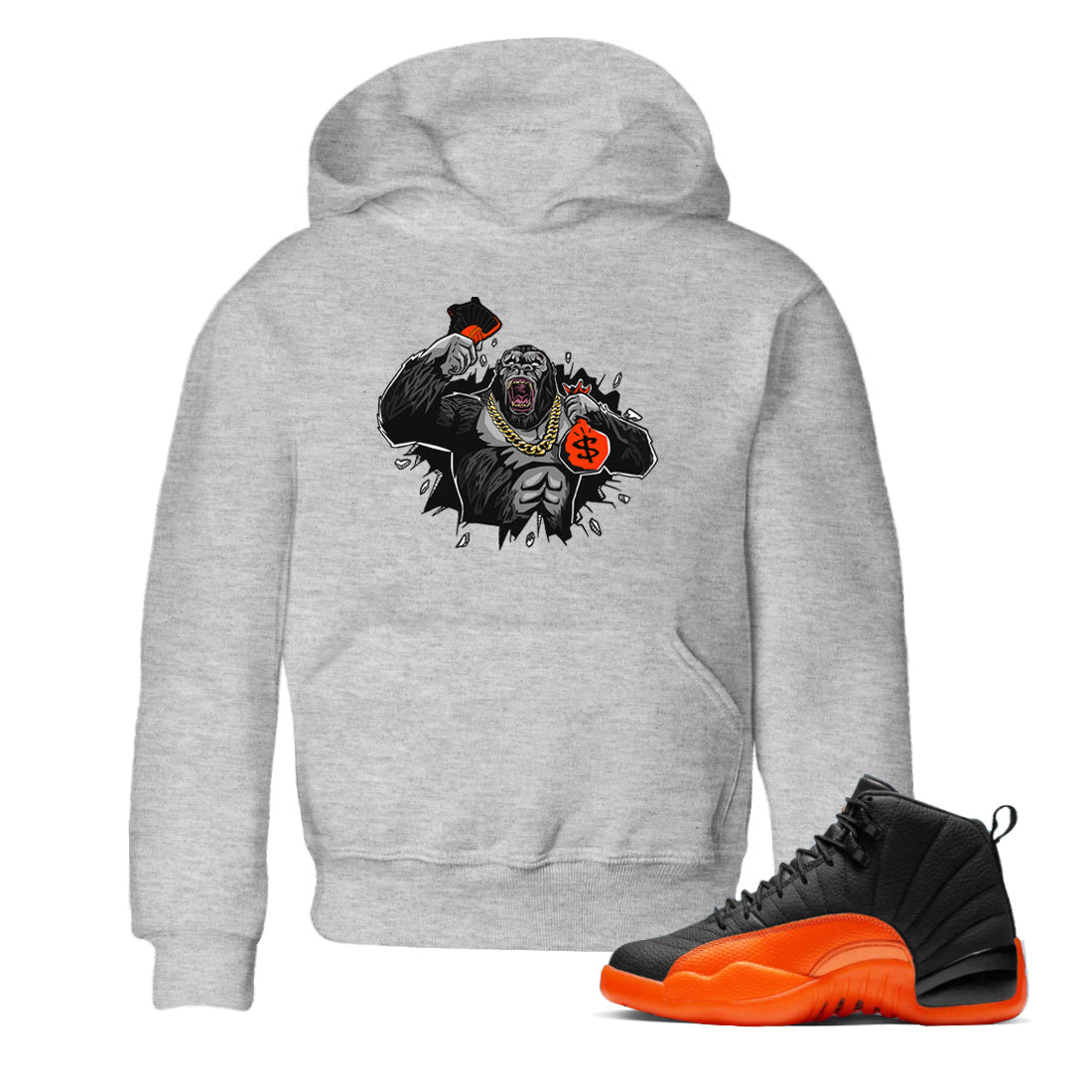 Air Jordan 12 Brilliant Orange Sneaker Match Tees Hustle Gorilla Sneaker Tees AJ12 Brilliant Orange Sneaker Release Tees Kids Shirts Heather Grey 1