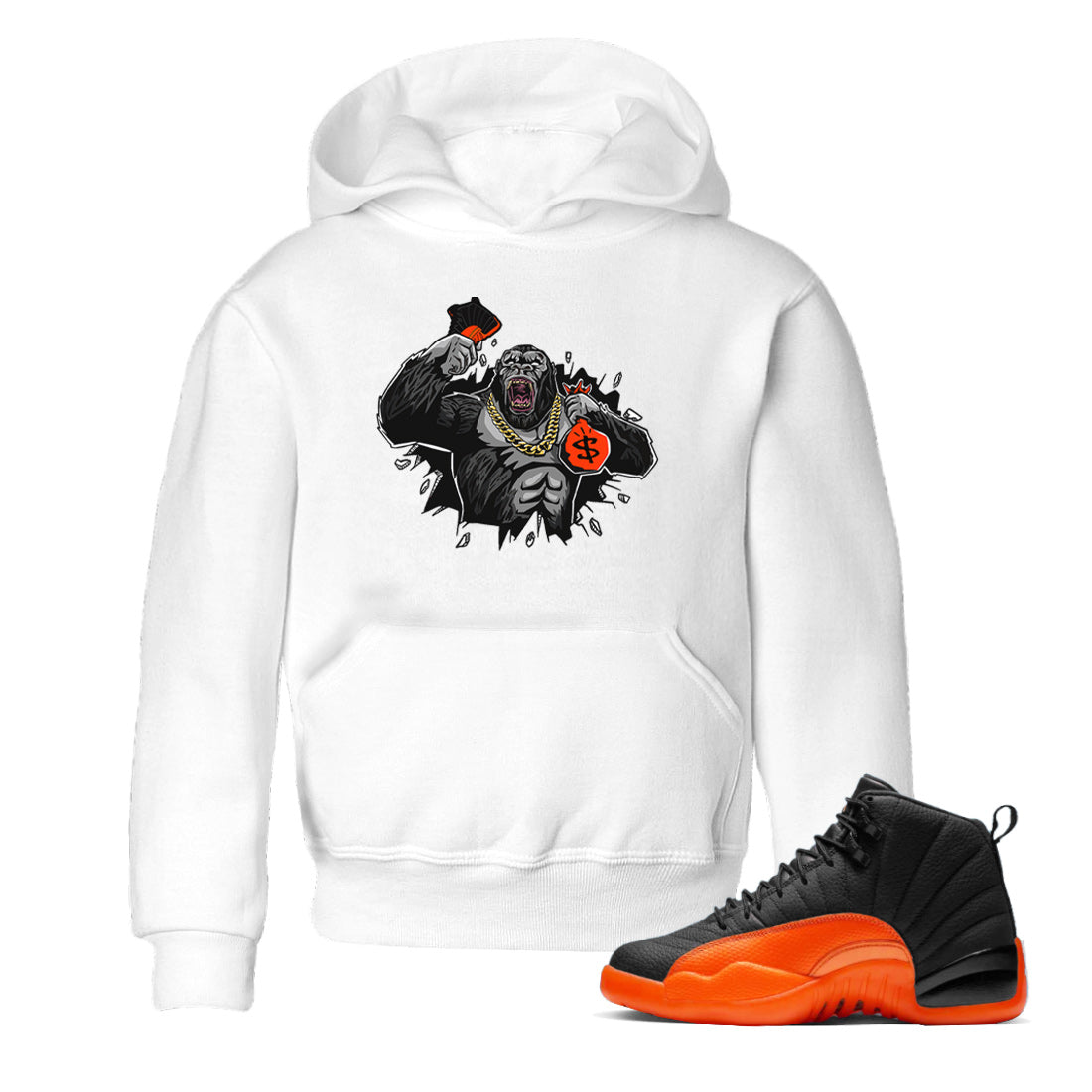 Air Jordan 12 Brilliant Orange Sneaker Match Tees Hustle Gorilla Sneaker Tees AJ12 Brilliant Orange Sneaker Release Tees Kids Shirts White 1