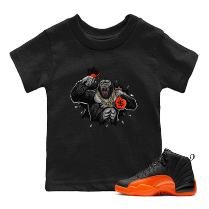 Air Jordan 12 Brilliant Orange Sneaker Match Tees Hustle Gorilla Sneaker Tees AJ12 Brilliant Orange Sneaker Release Tees Kids Shirts Black 1