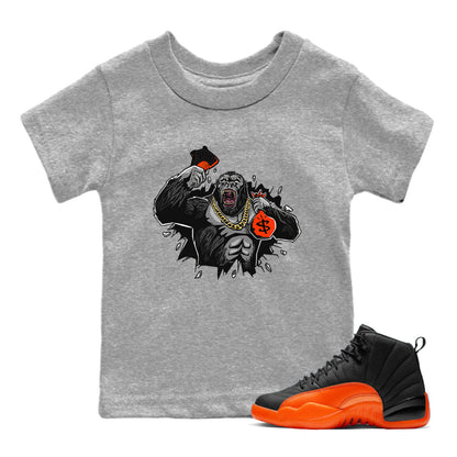 Air Jordan 12 Brilliant Orange Sneaker Match Tees Hustle Gorilla Sneaker Tees AJ12 Brilliant Orange Sneaker Release Tees Kids Shirts Heather Grey 1
